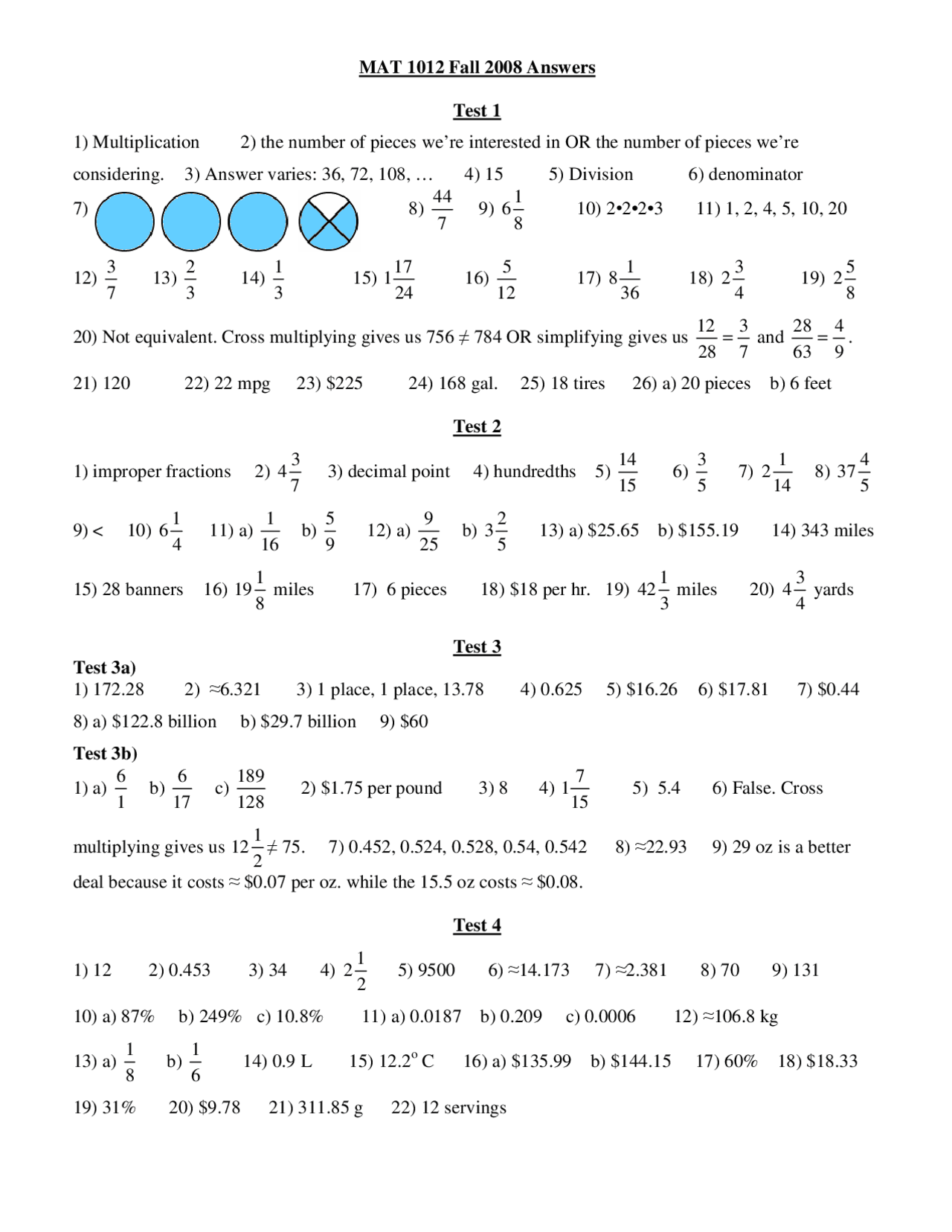 Test 1 with Answers for Foundations of Mathematics | MAT 1012 | Exams ...