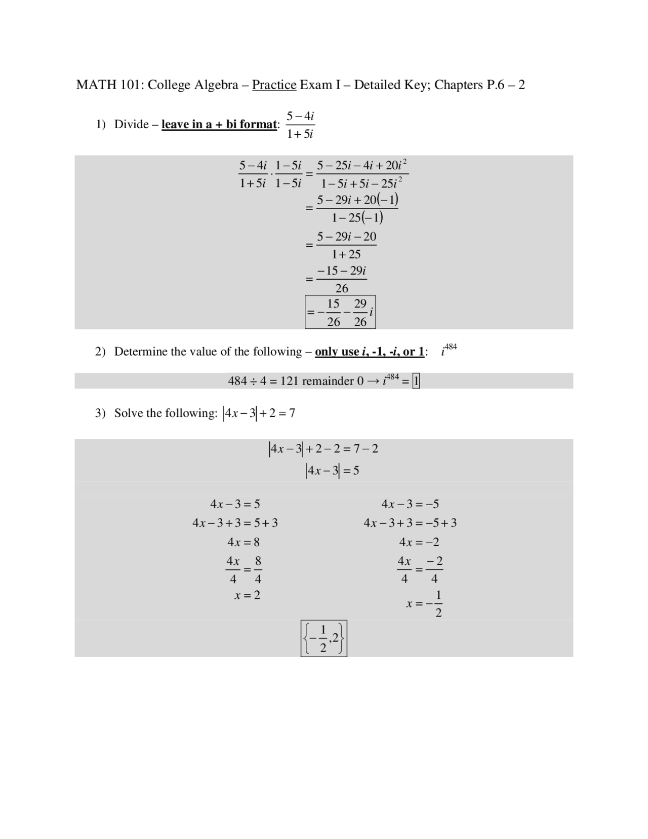 Practice Exam I Solved - College Algebra | MATH 101 - Docsity