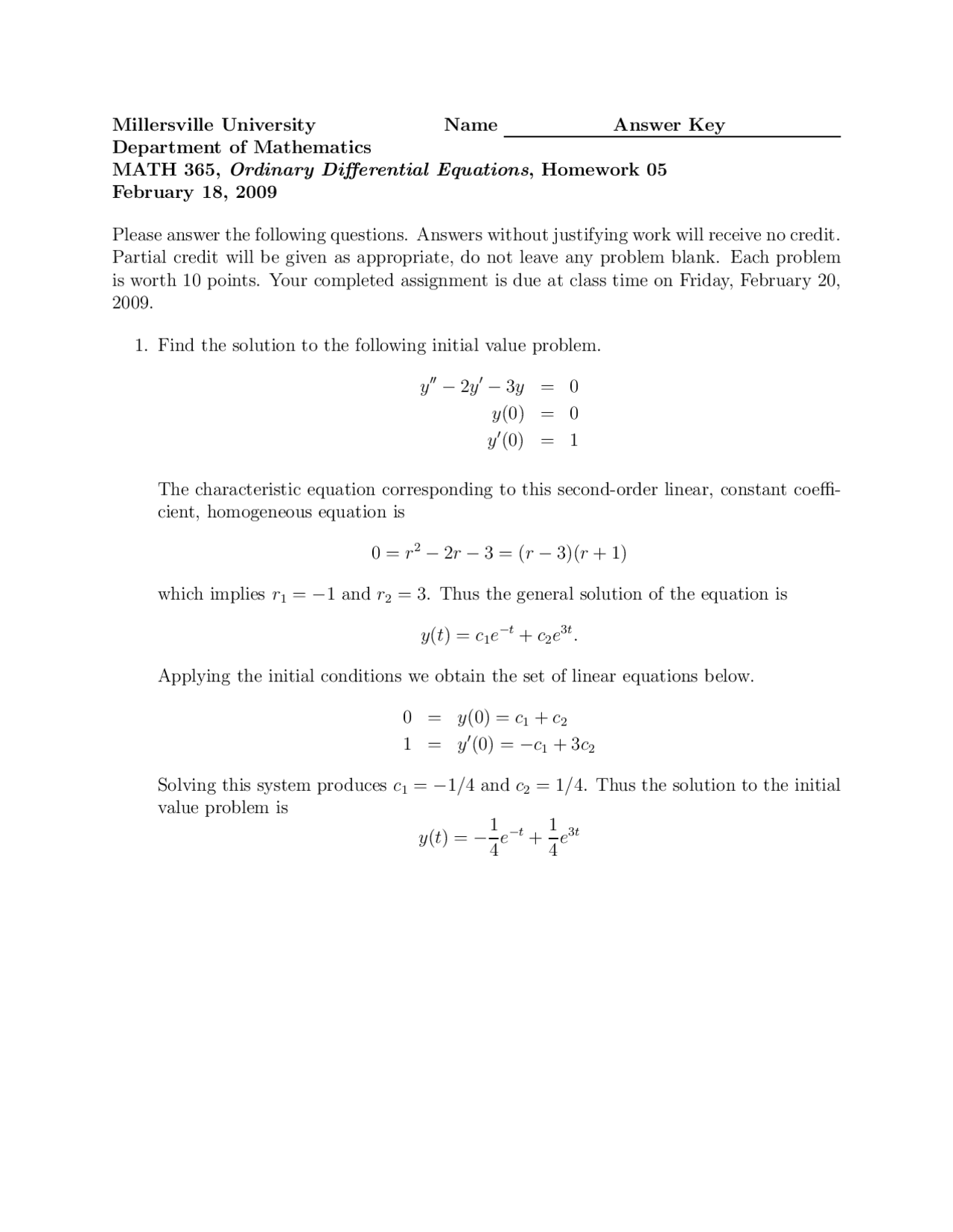 Ordinary Differential Equation - Homework 5 Solutions | MATH 365 - Docsity