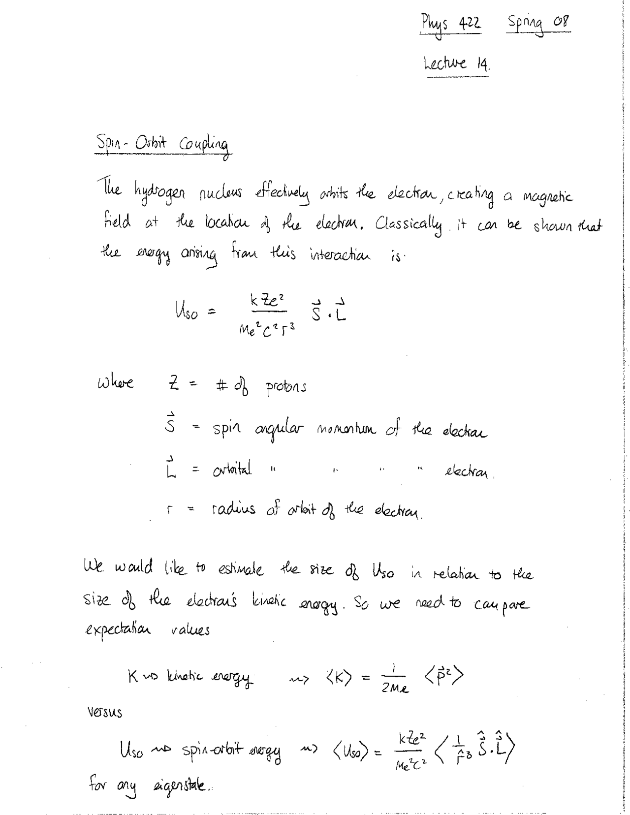 Handwritten Notes on Spin Orbit Coupling | PHYS 422 - Docsity