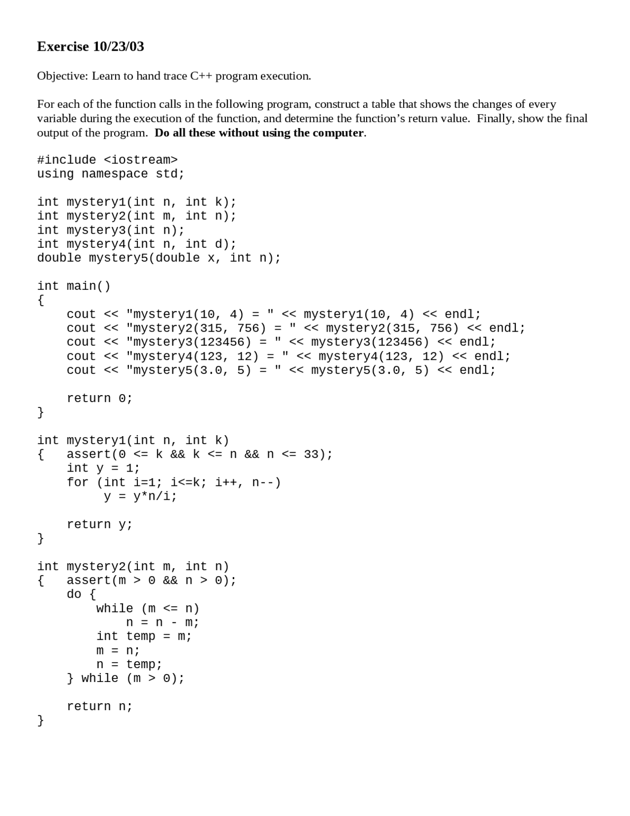 Learn to Hand Trace C++ Program Execution | CECS 174 - Docsity