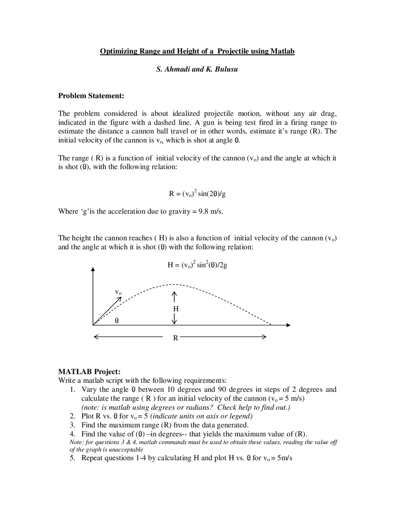 Projectile Matlab Optimization Range and Height of a Projectile Using MATLAB - Lecture ...