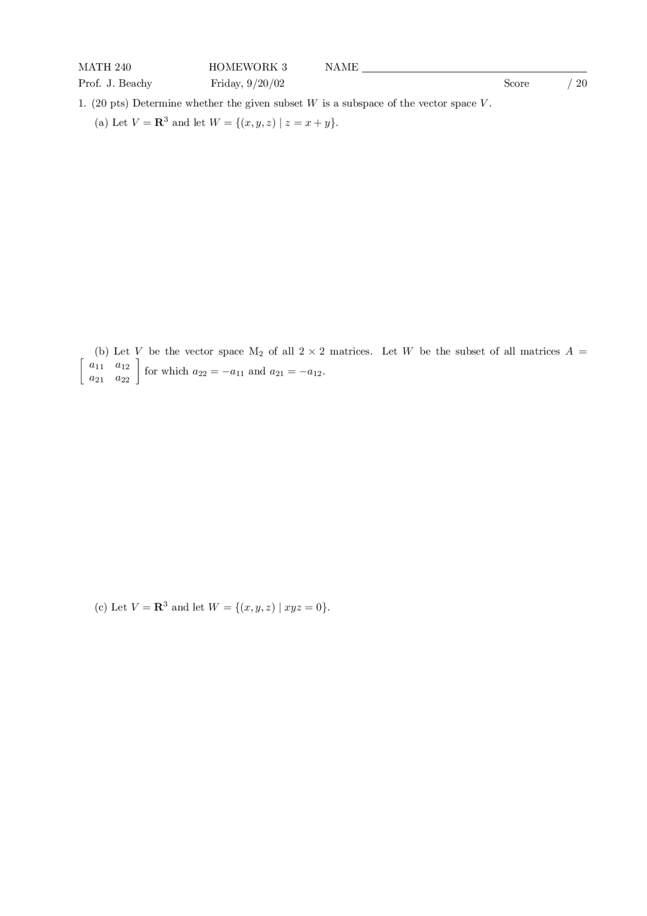 Problems On Vector Space Of Matrices Assignment 3 Math 240 Docsity