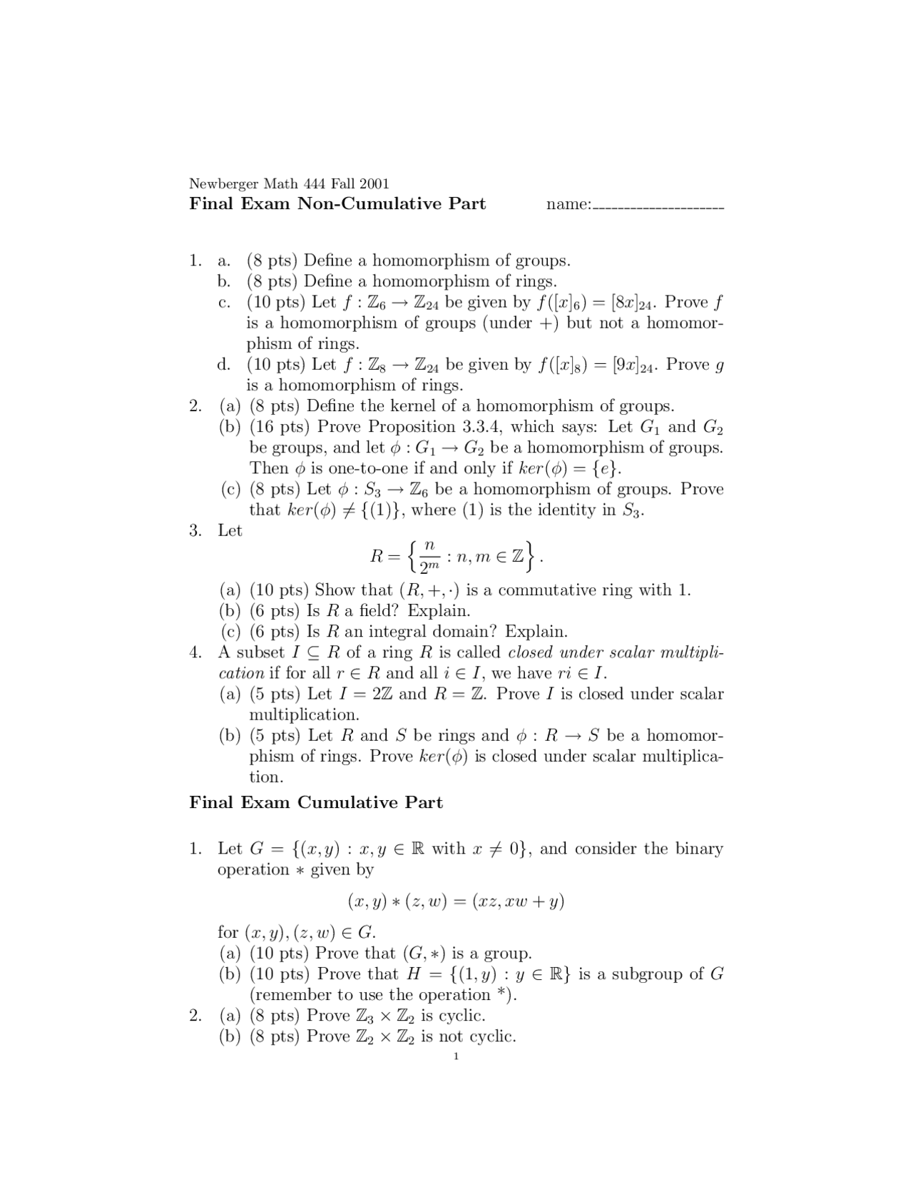 9 Questions - Introduction to Abstract Algebra - Final Examination ...