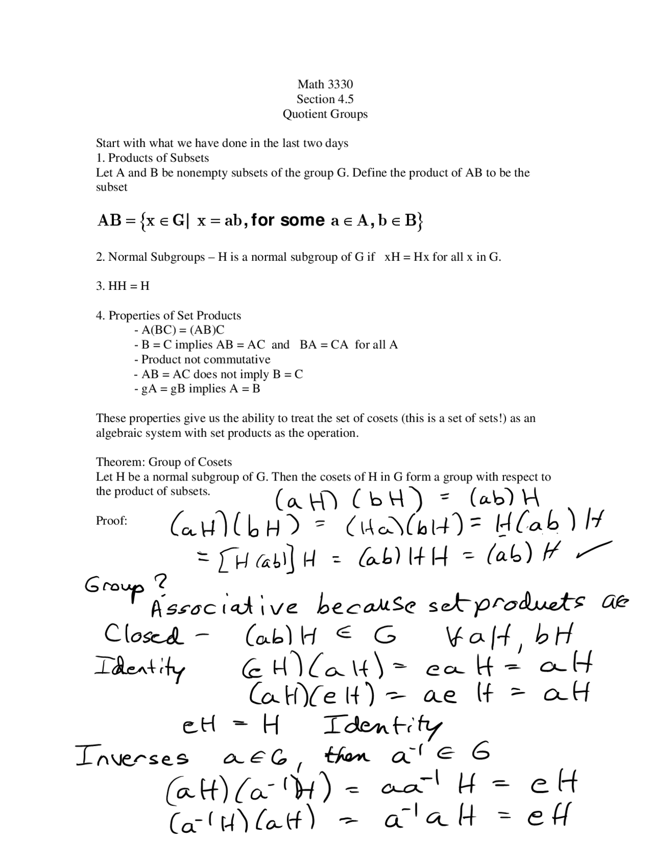 Abstract Algebra - Solutions for Quotient Groups | MATH 3330 - Docsity