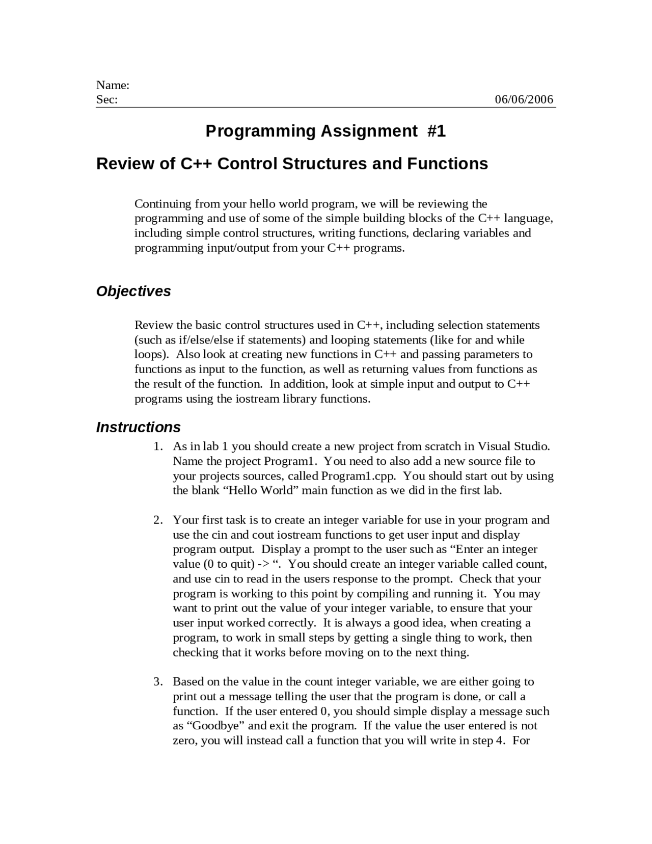 Programming Assignment 1: Review of C++ Control Structures and ...