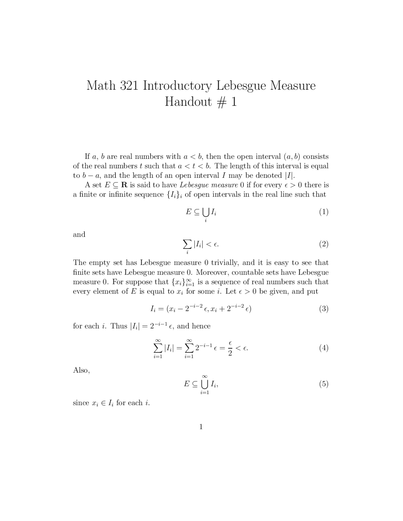 Introduction to Analysis I – Introductory Lebesgue Measure – Handout 1 ...