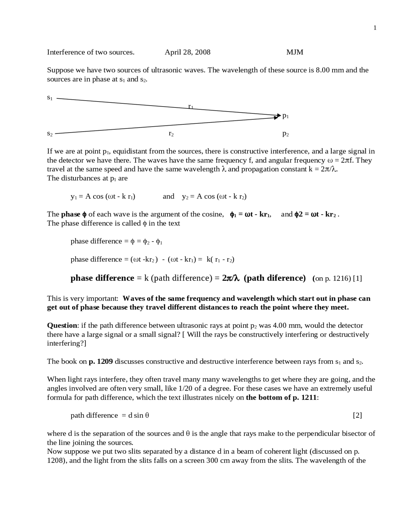 Interference of Two Sources - Physics III - Notes | PH 113 - Docsity