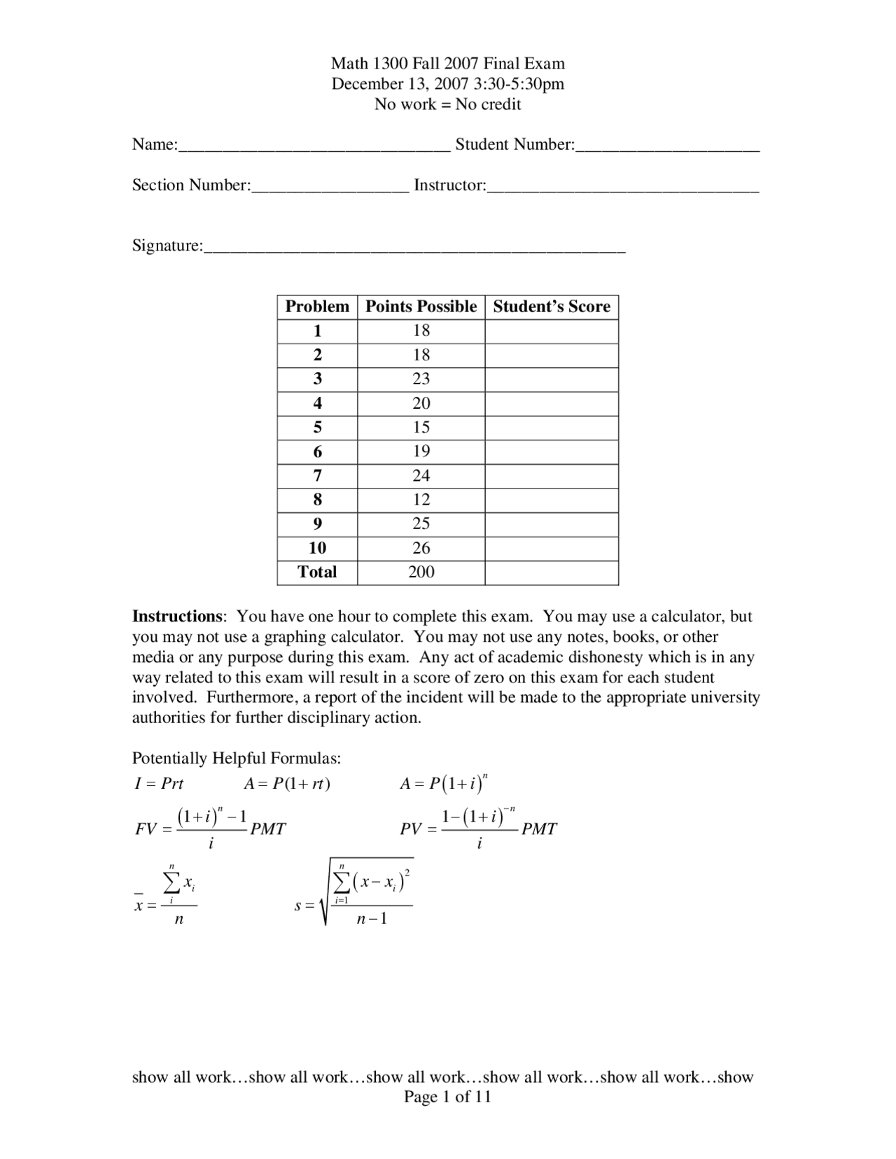 10 Problems for Final Exam - Finite Mathematics | MATH 1300 - Docsity