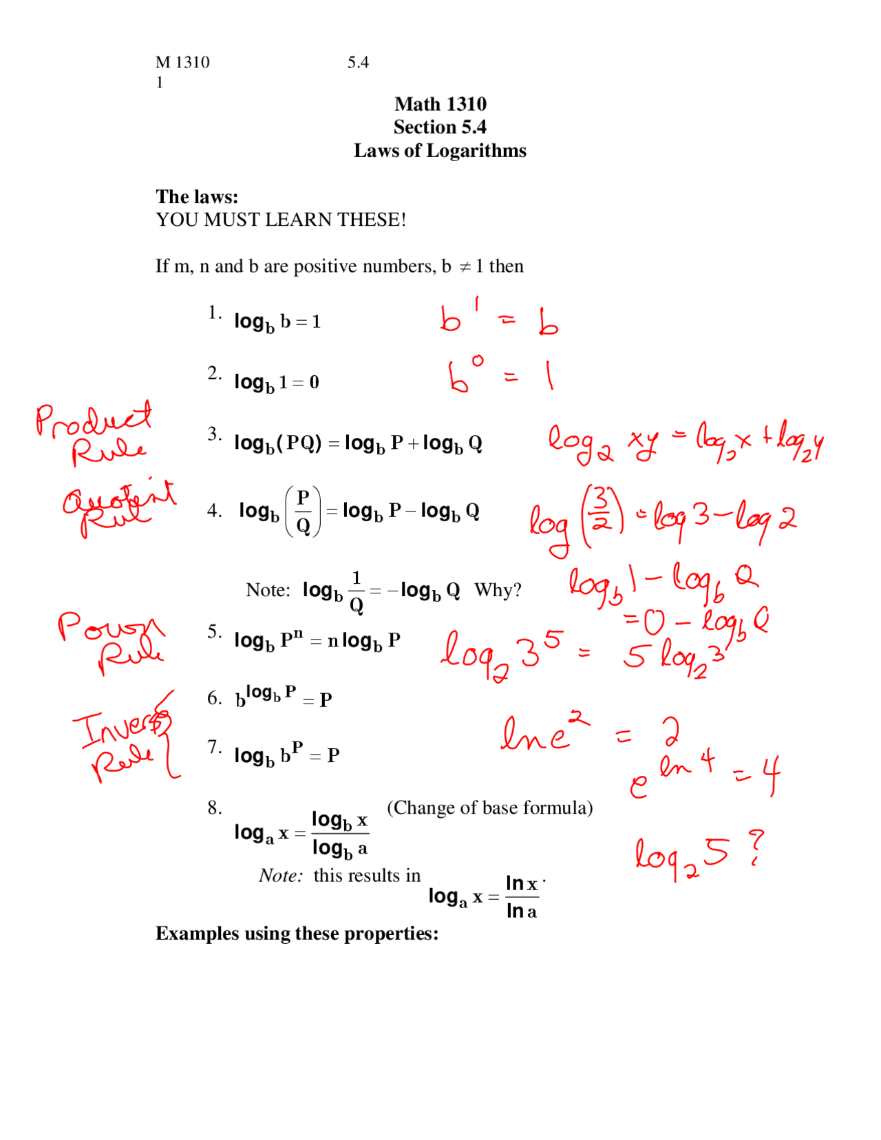 Logarithm Homework Laws of Logarithms - Assignment with Solutions | MATH 1310 - Docsity