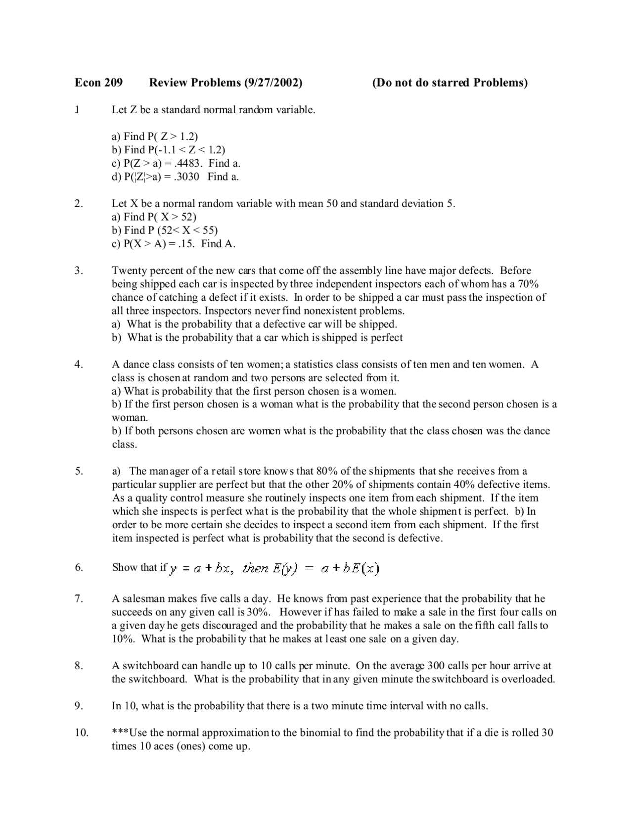 Review Sheet for Exam - Probability and Statistics | ECON 209 - Docsity