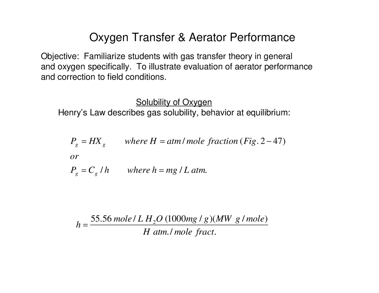 Notes on Oxygen Transfer and Aerator Performance | PAPR 3531 - Docsity