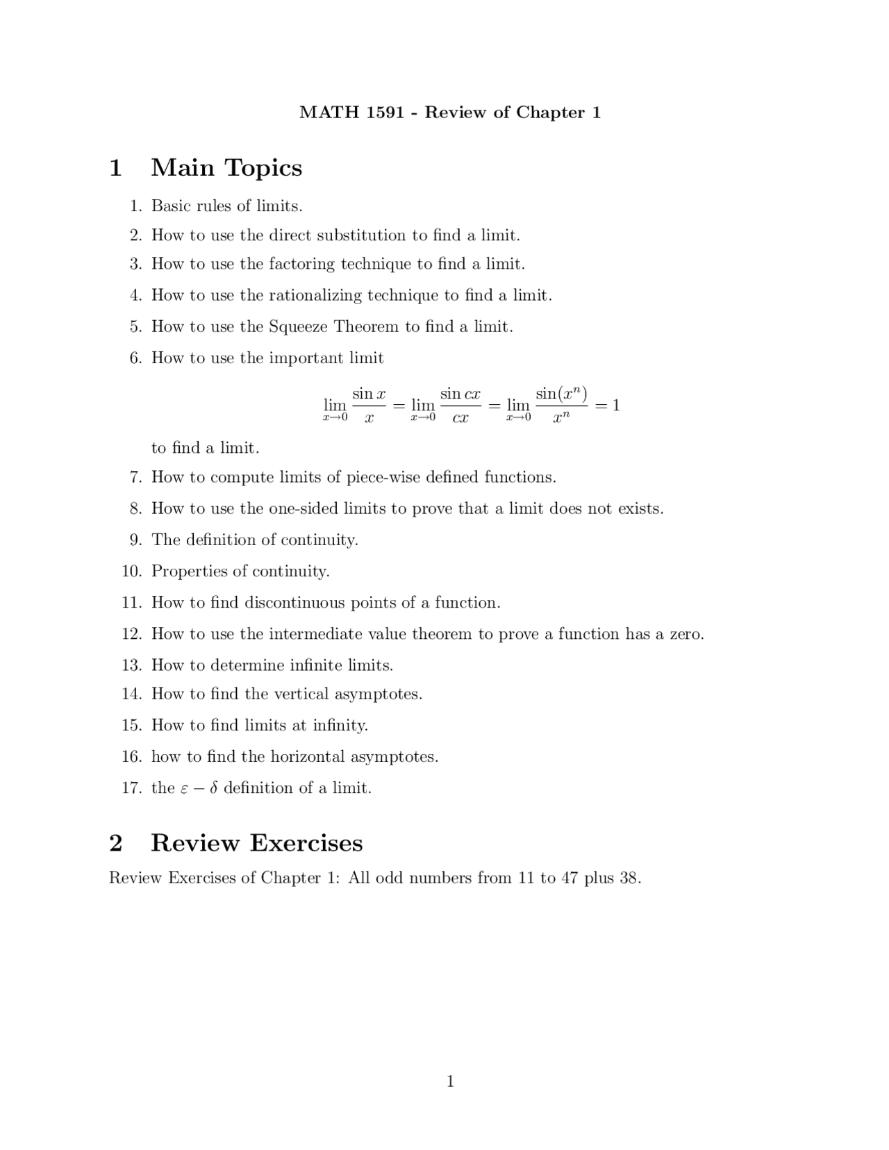 Review of Chapter 1 - Calculus I | MATH 1591 - Docsity