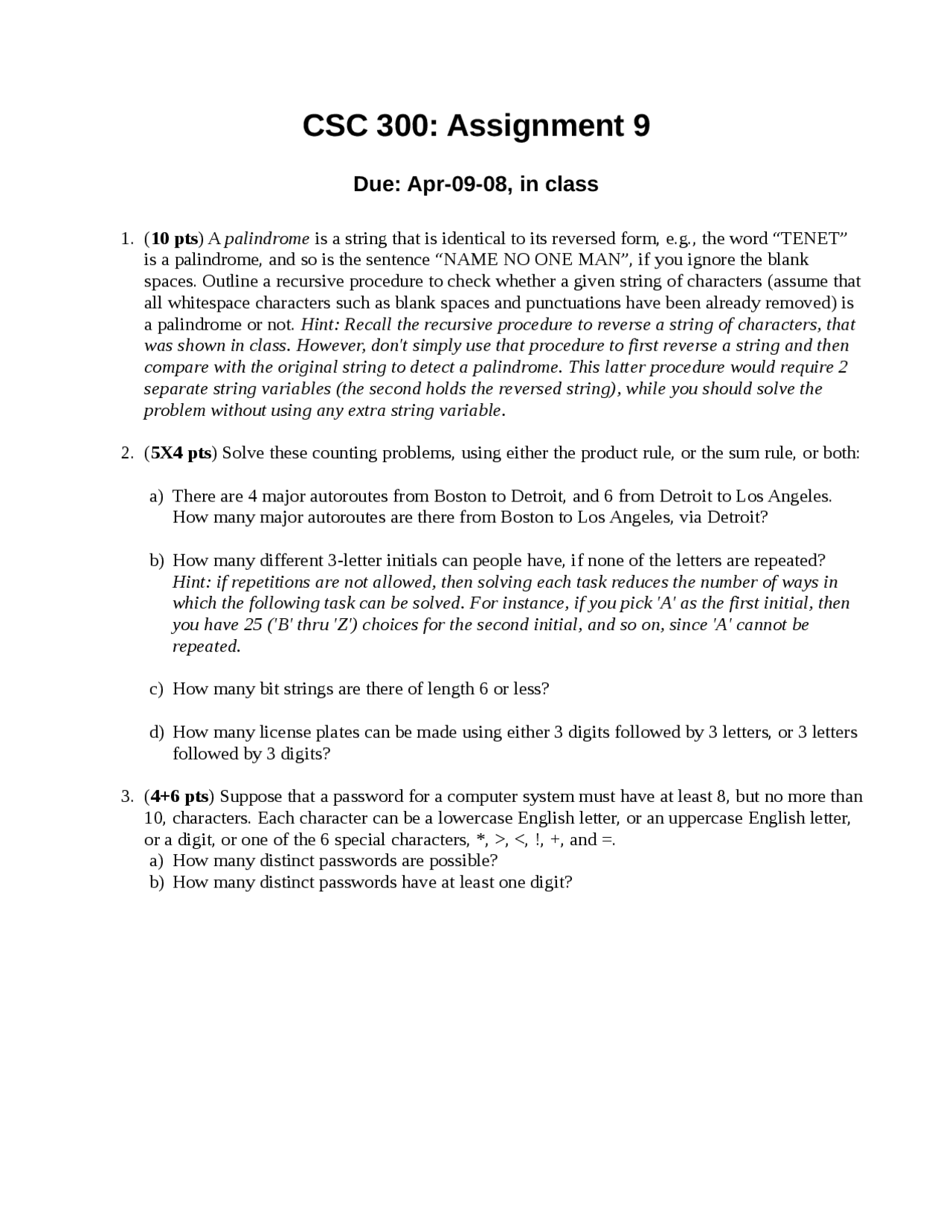 Foundations of Computer Science - Assignment 9 | CSC 300 - Docsity
