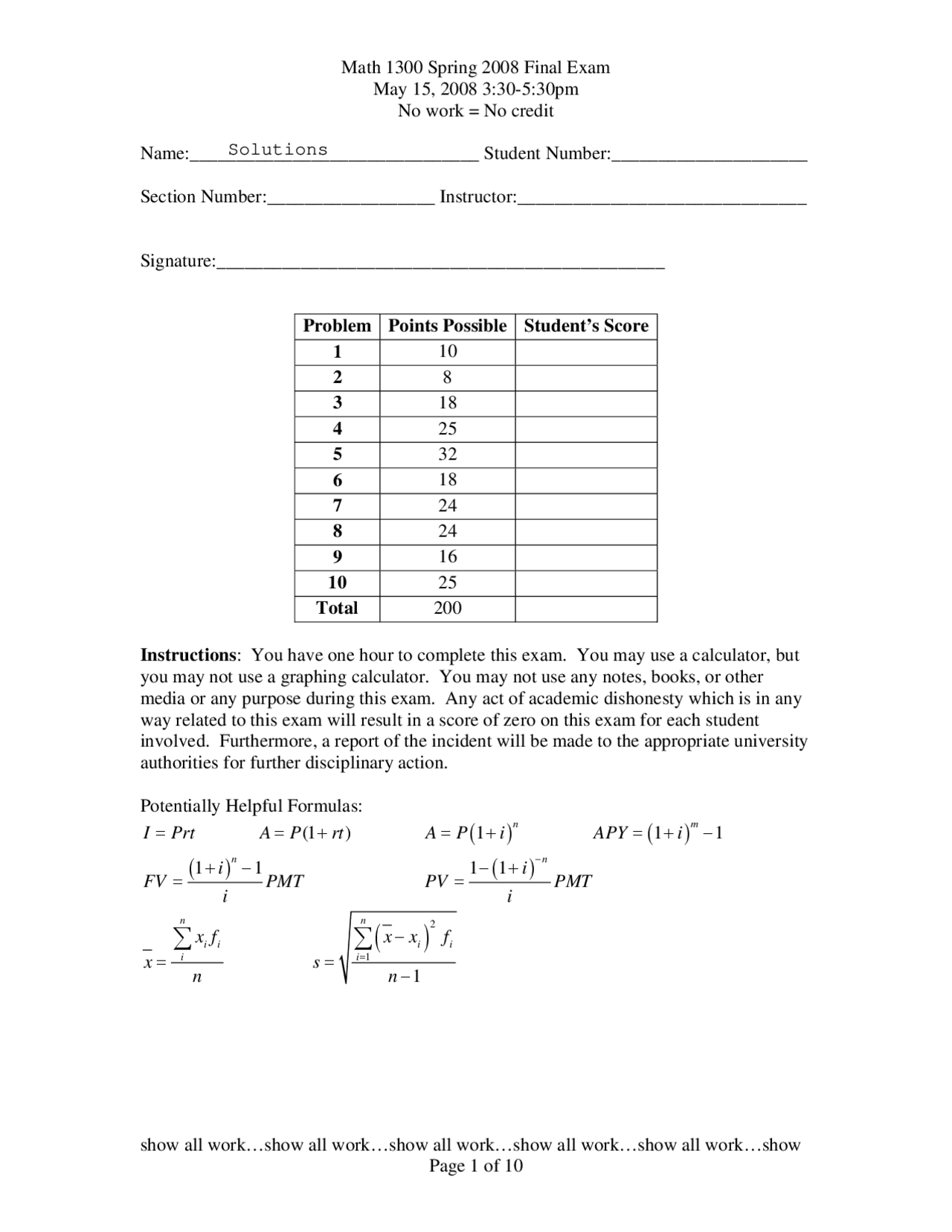 Finate Algebra Math Problem 10 Problems on Finite Mathematics - Final Exam | MATH 1300 - Docsity