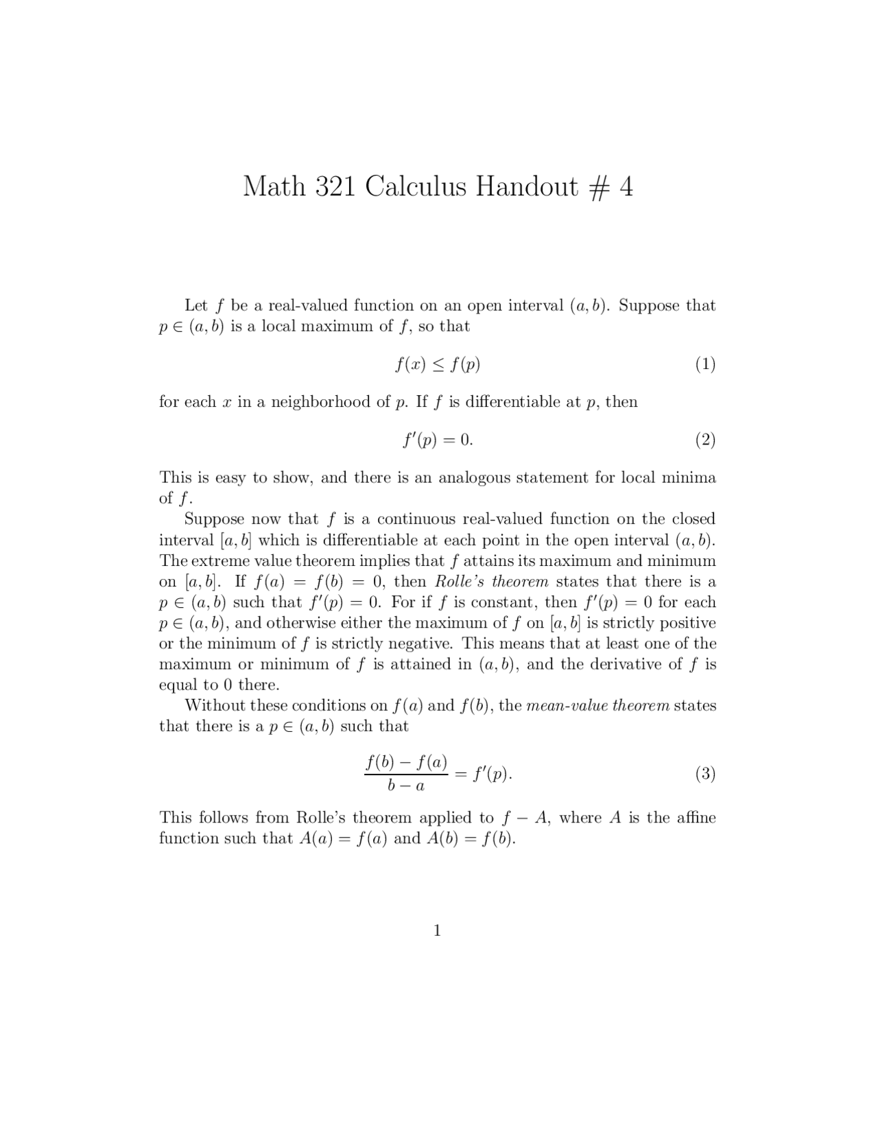 Introduction to Analysis I - Calculus Handout 4 | MATH 321 - Docsity
