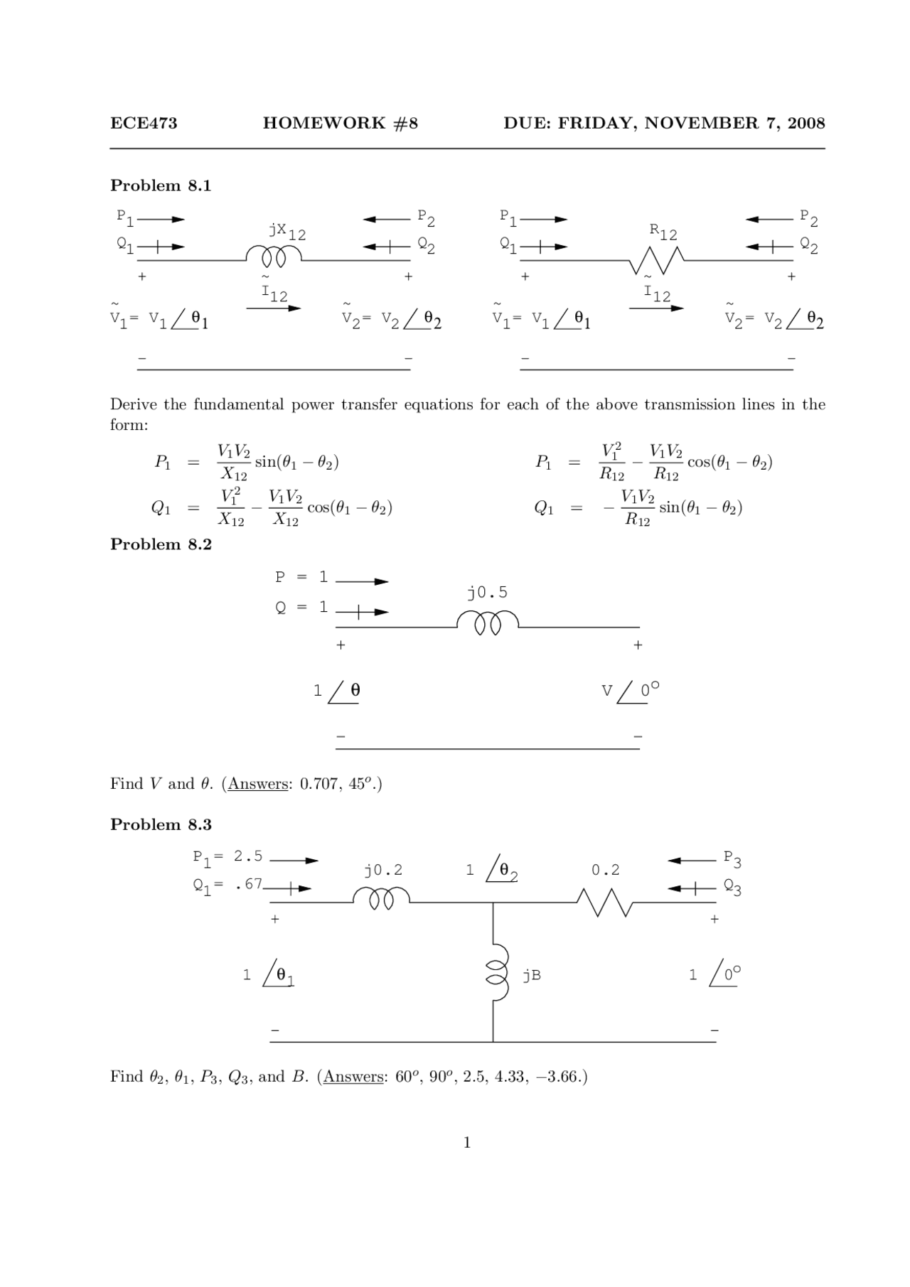 Homework 8 with 4 Practice Problems on Power System Analysis I ECE