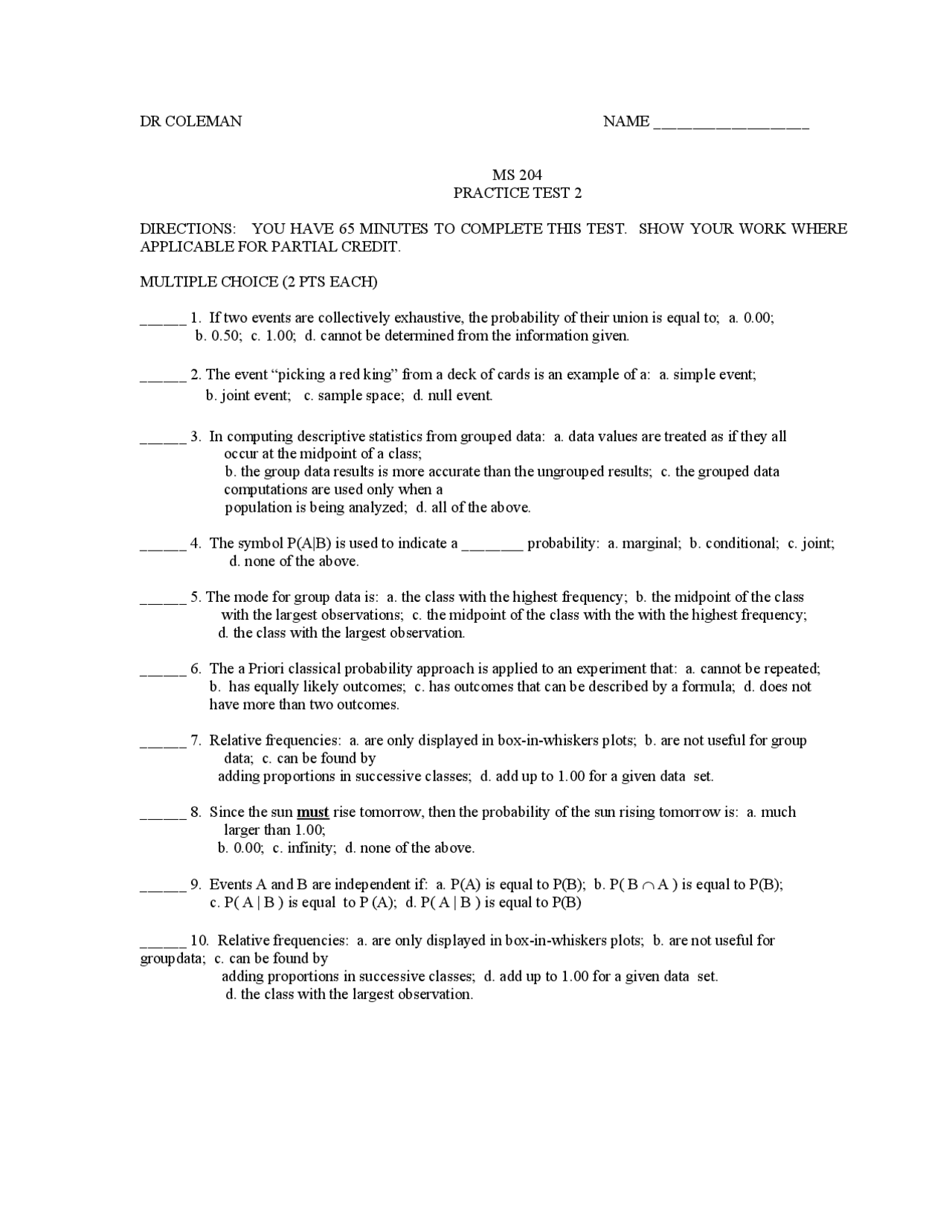 Practice Test 2 - Introduction to Business Statistics | MS 204 | Exams ...