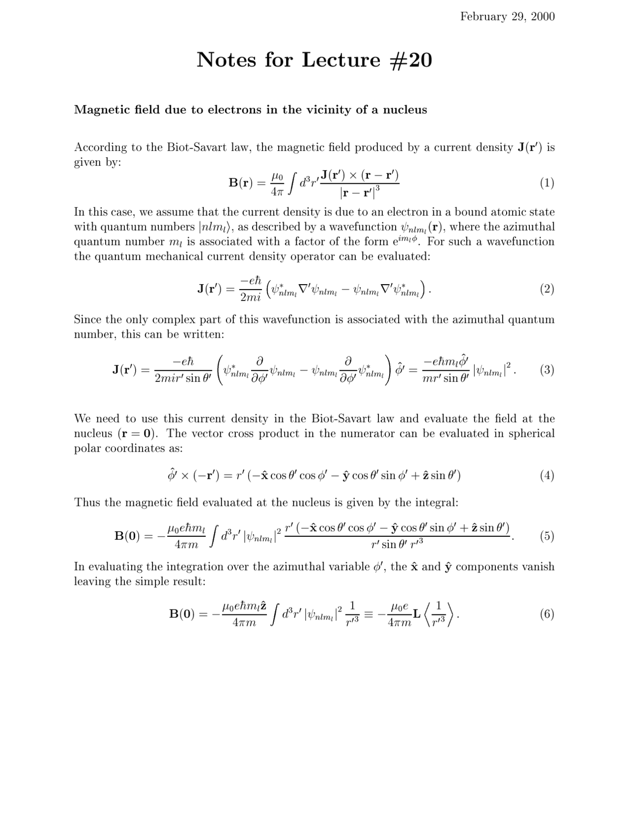 Notes on Magnetic Field Due to Electrons in the Vicinity of a Nucleus ...