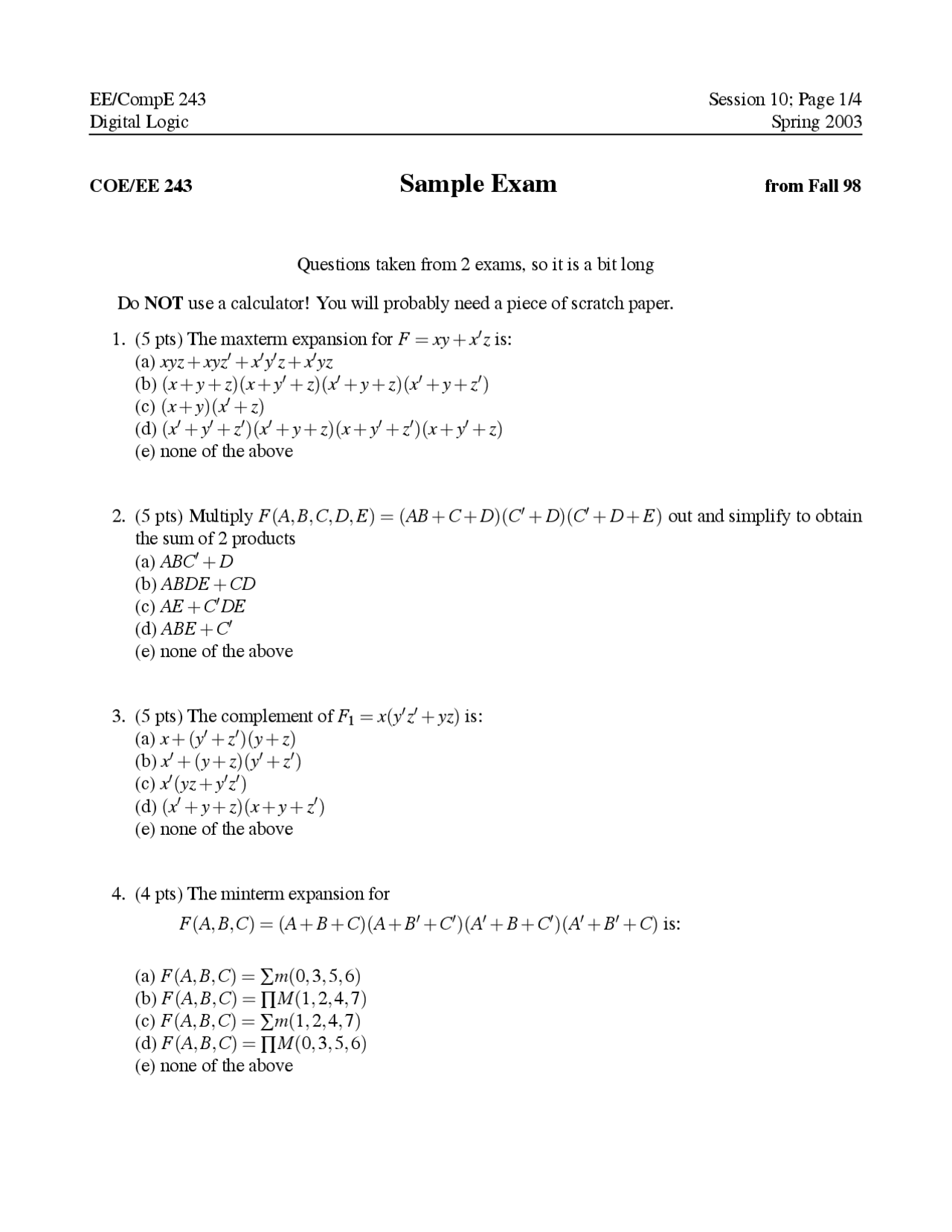 Sample Exam Practice On Digital Logic Fall 1998 Ece 240 Docsity