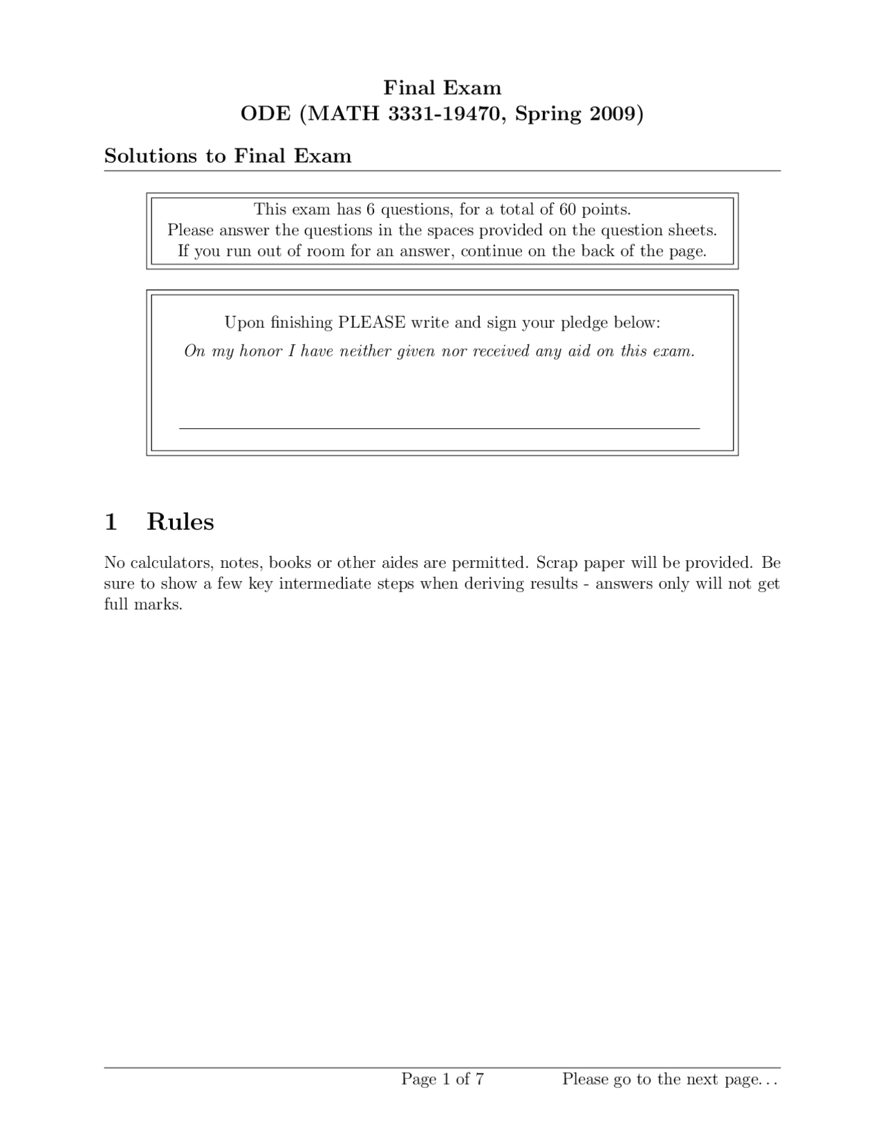 Solutions to Final Exam - Ordinary Differential Equations | MATH 3331 ...