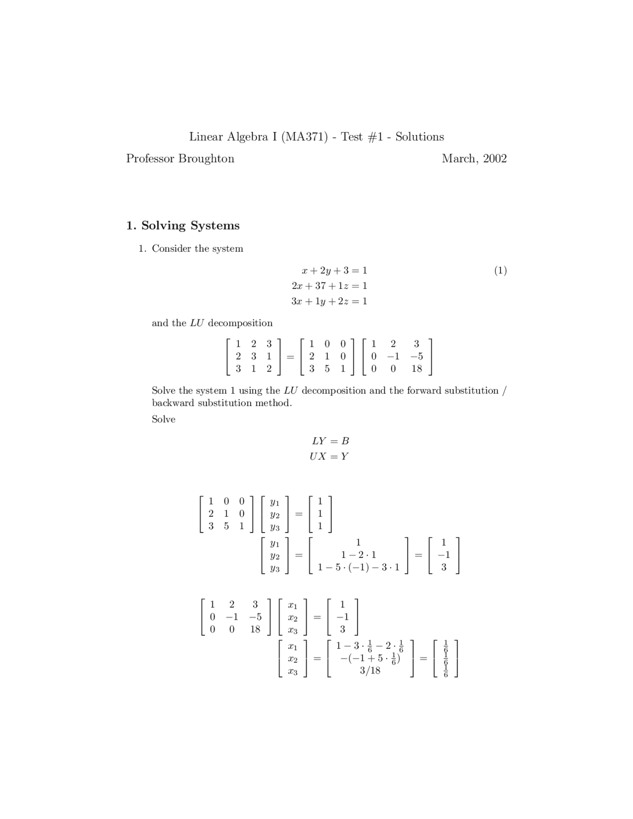 Practice Test 1 Solutions - Linear Algebra I - Spring 2002 | MA 371 ...