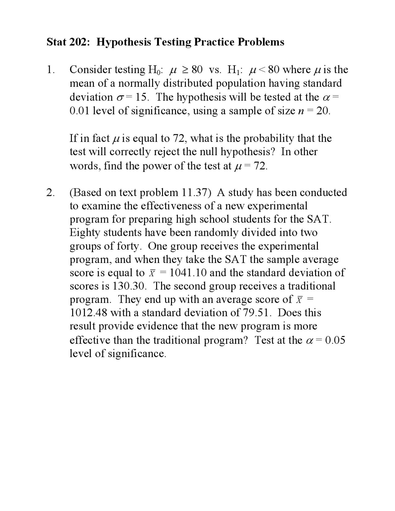 Hypothesis Testing Practice Problems | Business Statistics II | STAT ...