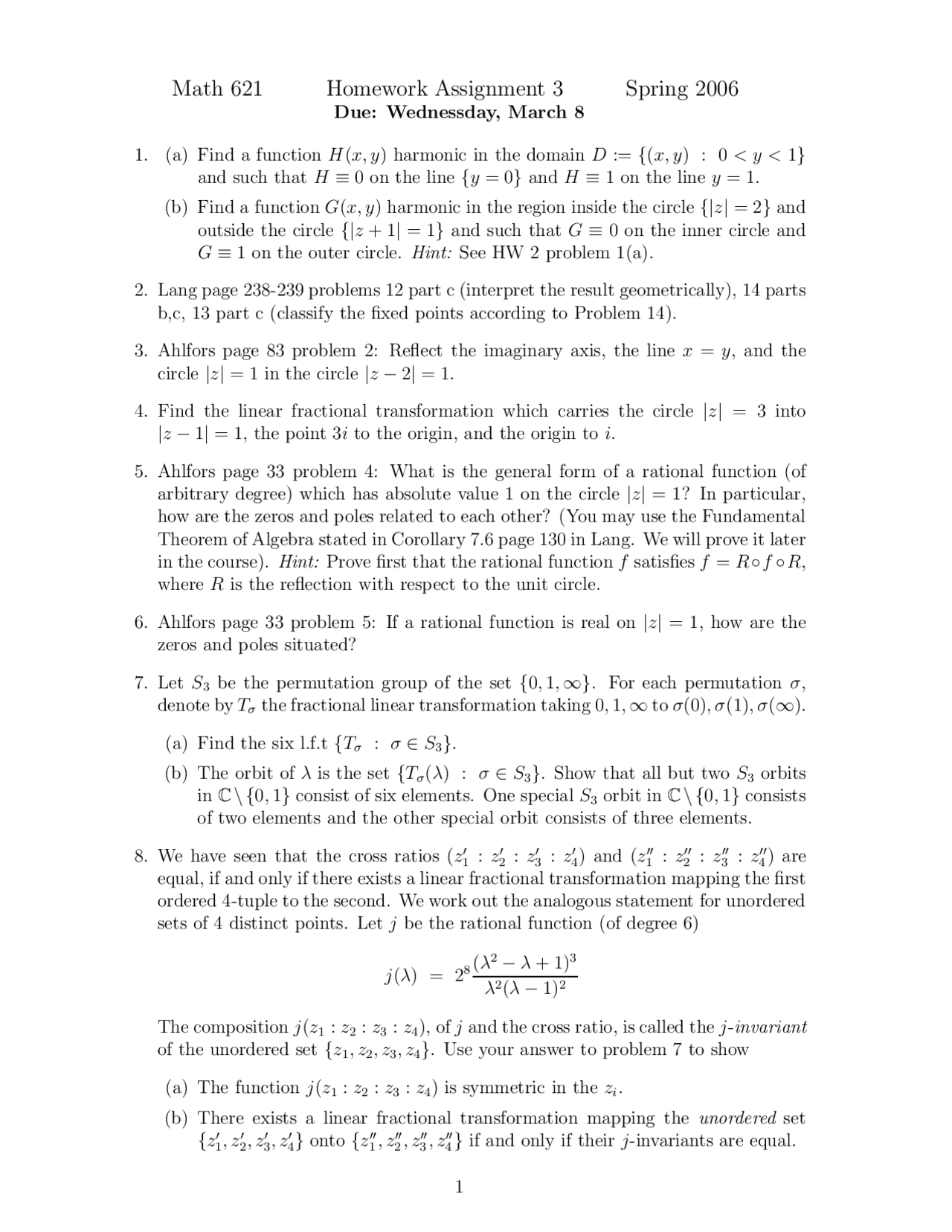 Complex Analysis - Homework III Questions | MATH 621 - Docsity