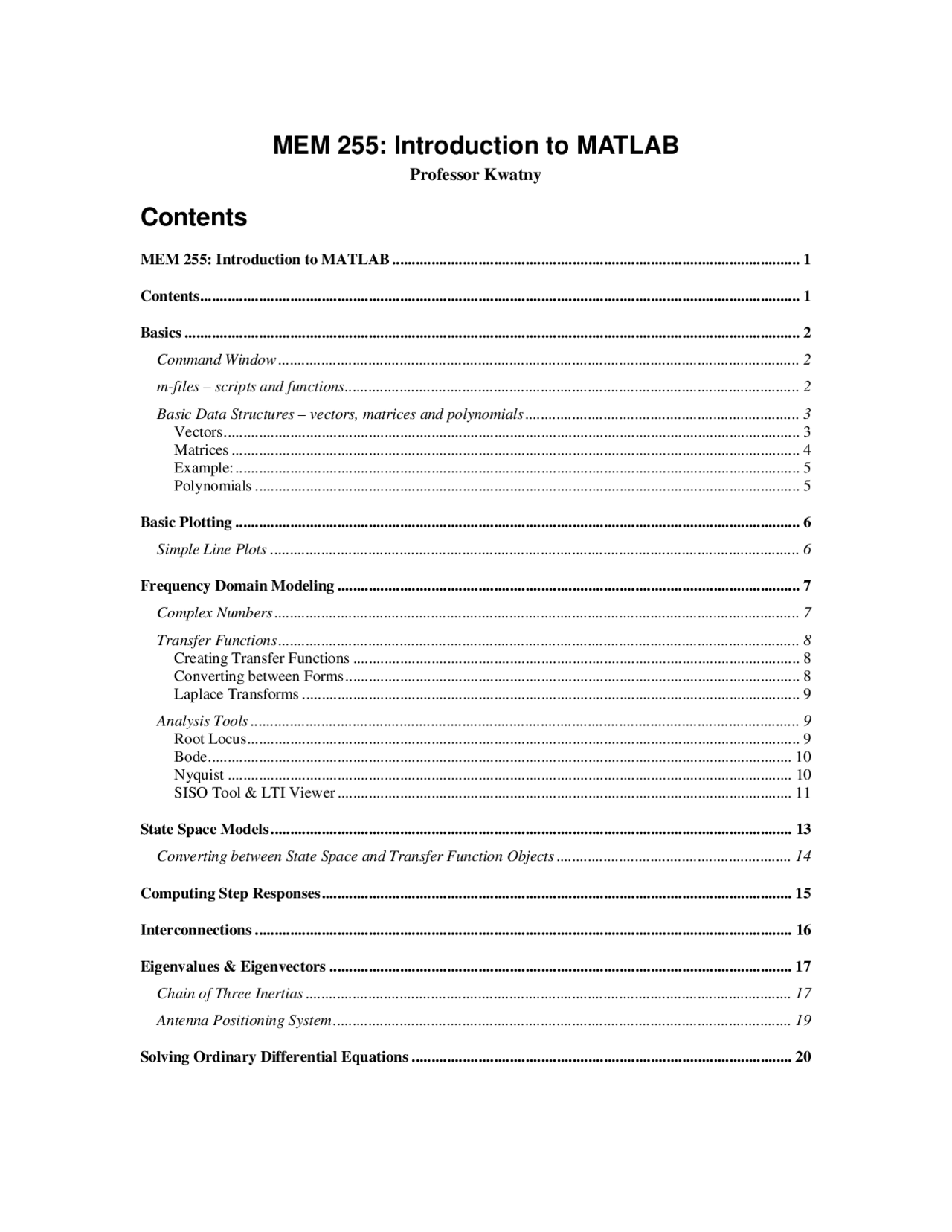 Basic Data Structure - Introduction to MATLAB’s | MEM 255 - Docsity