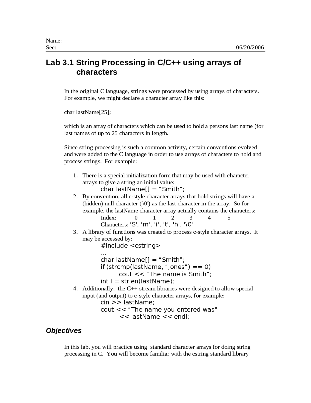 String Processing in C and C++ Using Arrays of Characters - Lab | CSCI ...