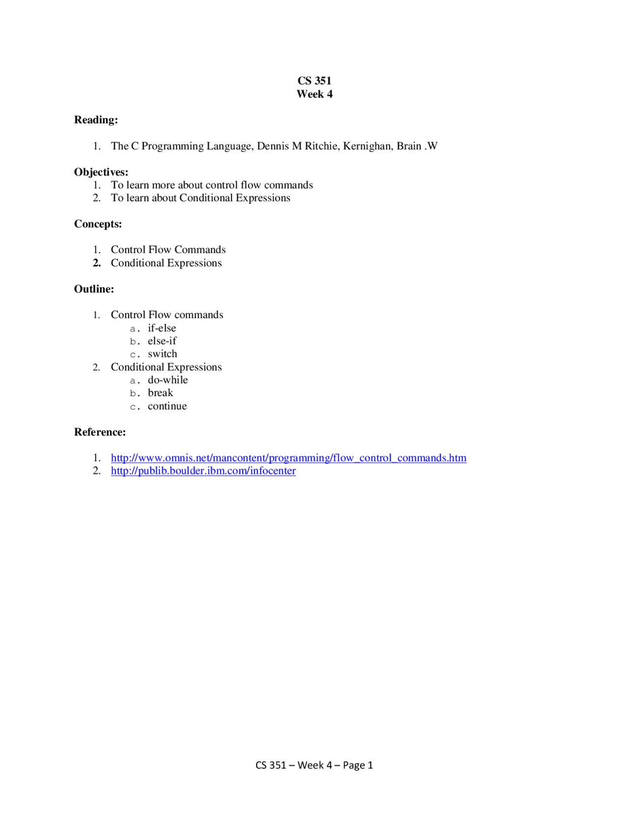 Notes on Control Flow Commands - Systems Programming | CS 351 - Docsity