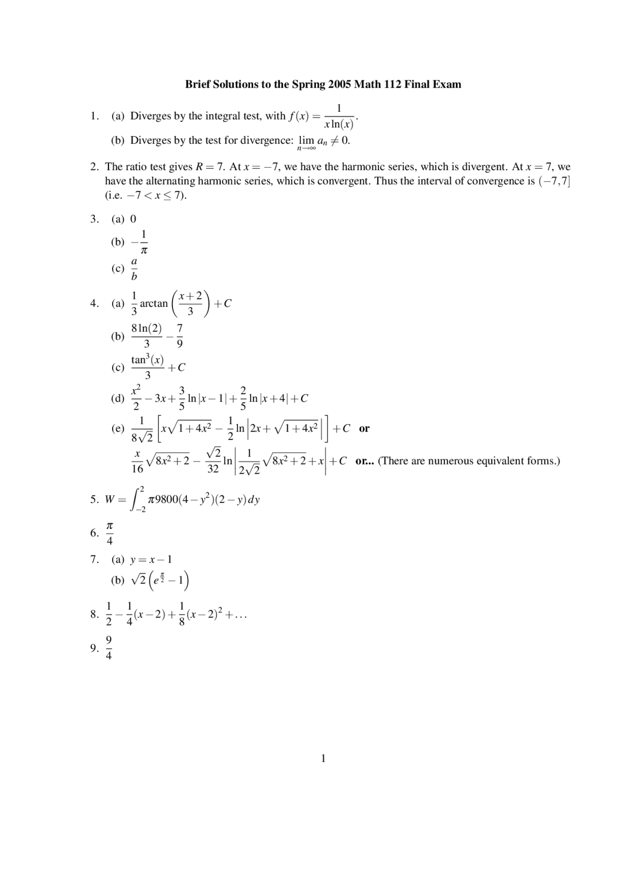 Brief Solutions to Final Exam for Calculus II | MATH 112 - Docsity