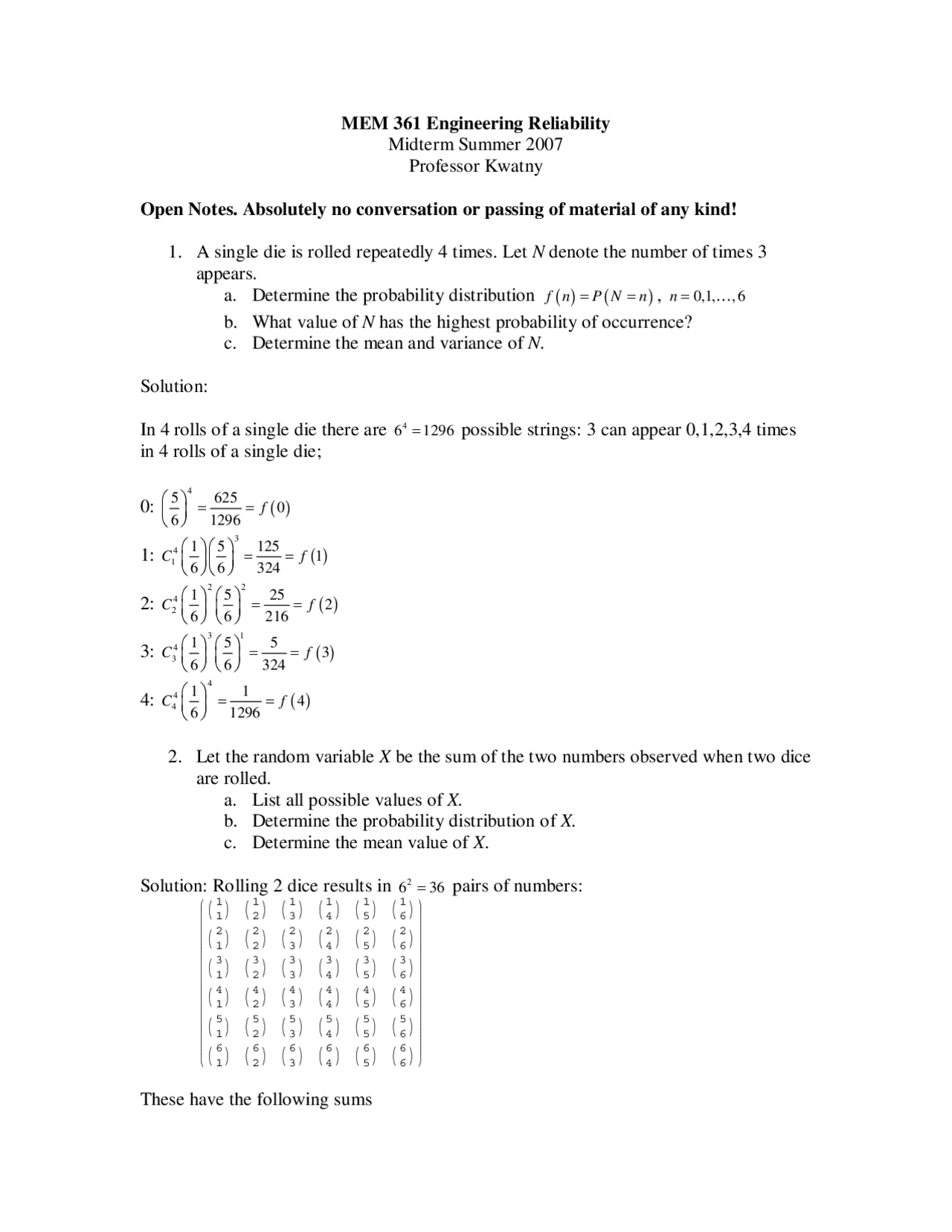 5 Questions with Solutions | Engineering Reliability | MEM 361 - Docsity