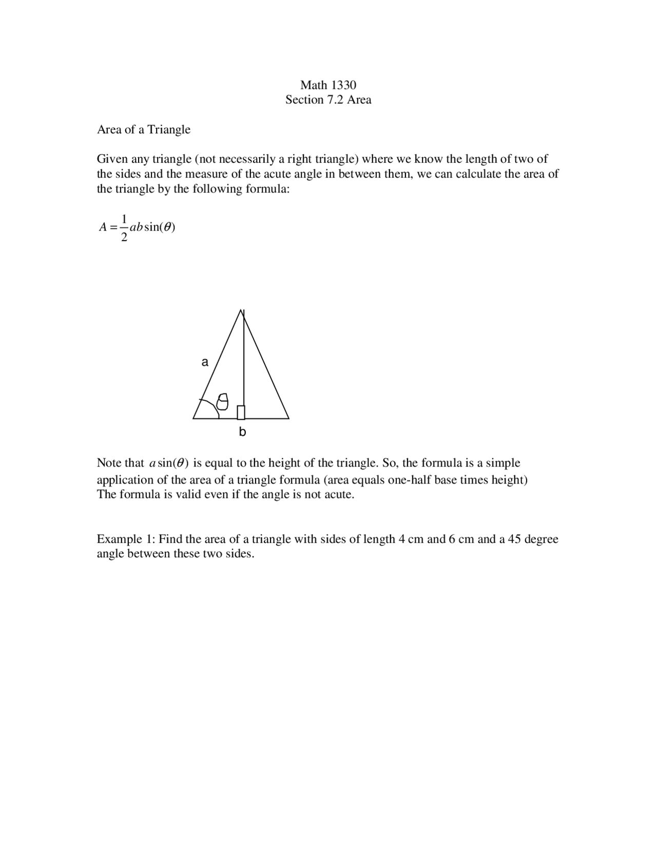 Area Of Triangle Lecture Notes Precalculus Math 1330 Docsity Area Of Triangle Lecture Notes Precalculus Math 1330 Docsity