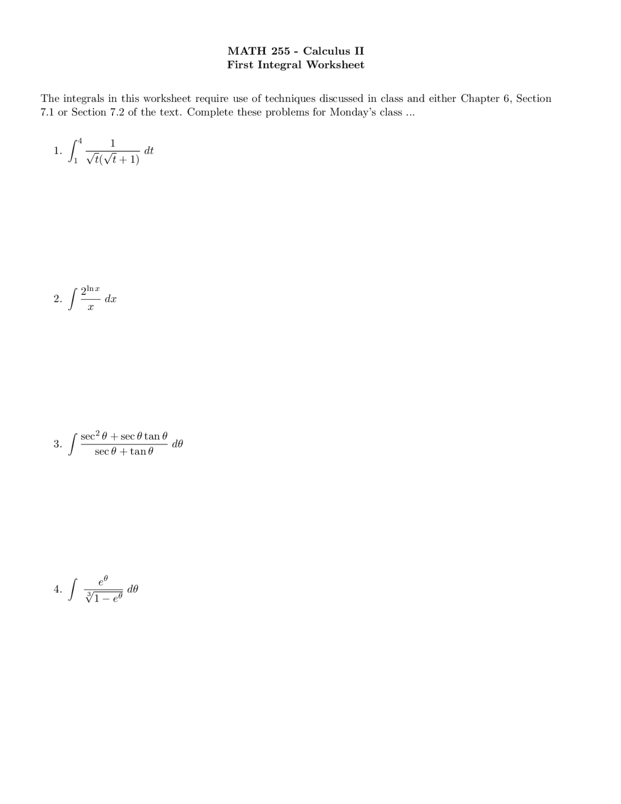10 Problems on First Integral in Calculus II - Homework 1 | MATH 255 ...