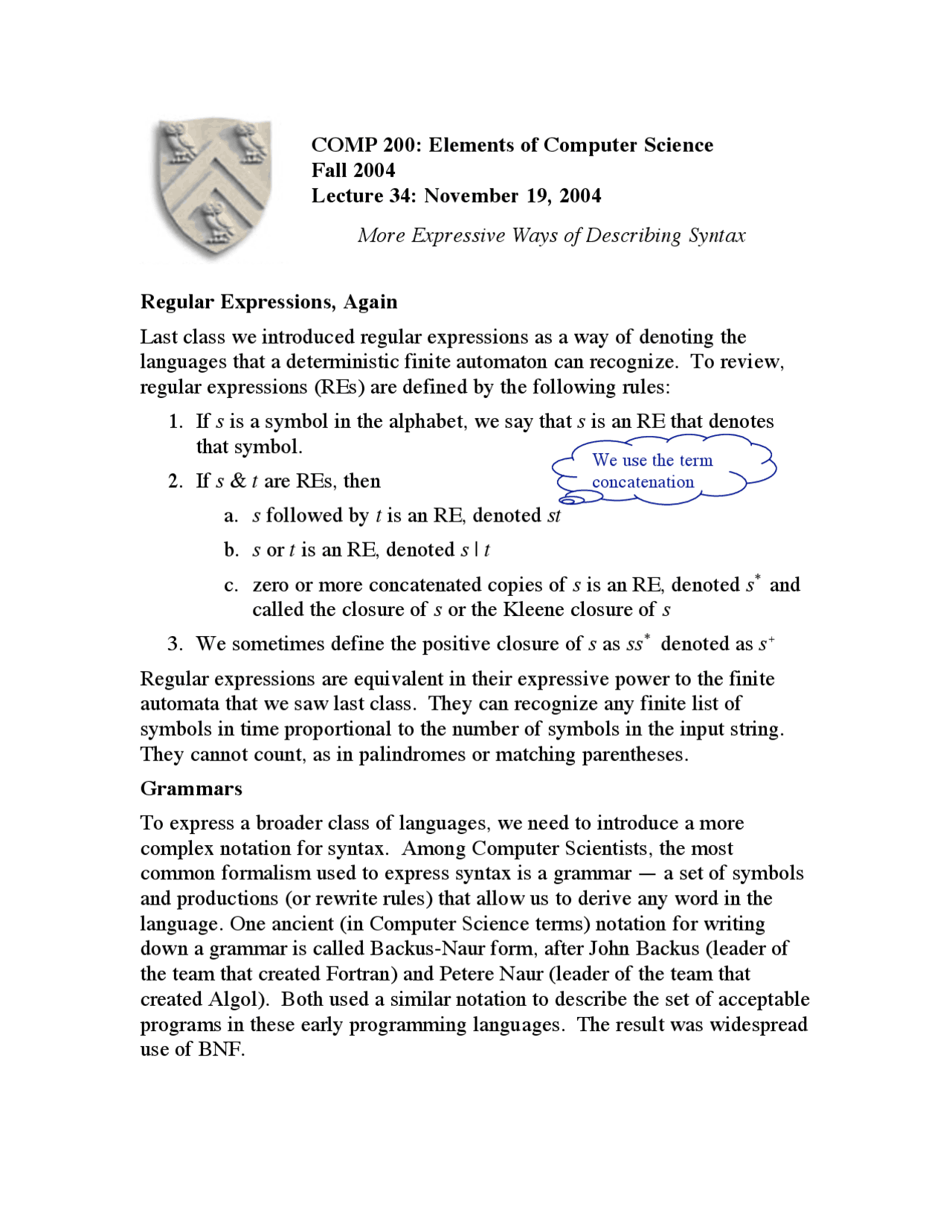 Notes on More Expressive Ways of Describing Syntax | COMP 200 - Docsity