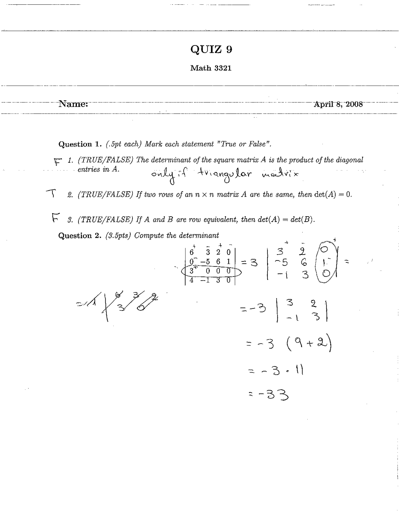 3 Solved Questions on the Square Matrix - Quiz 9 | MATH 3321 - Docsity