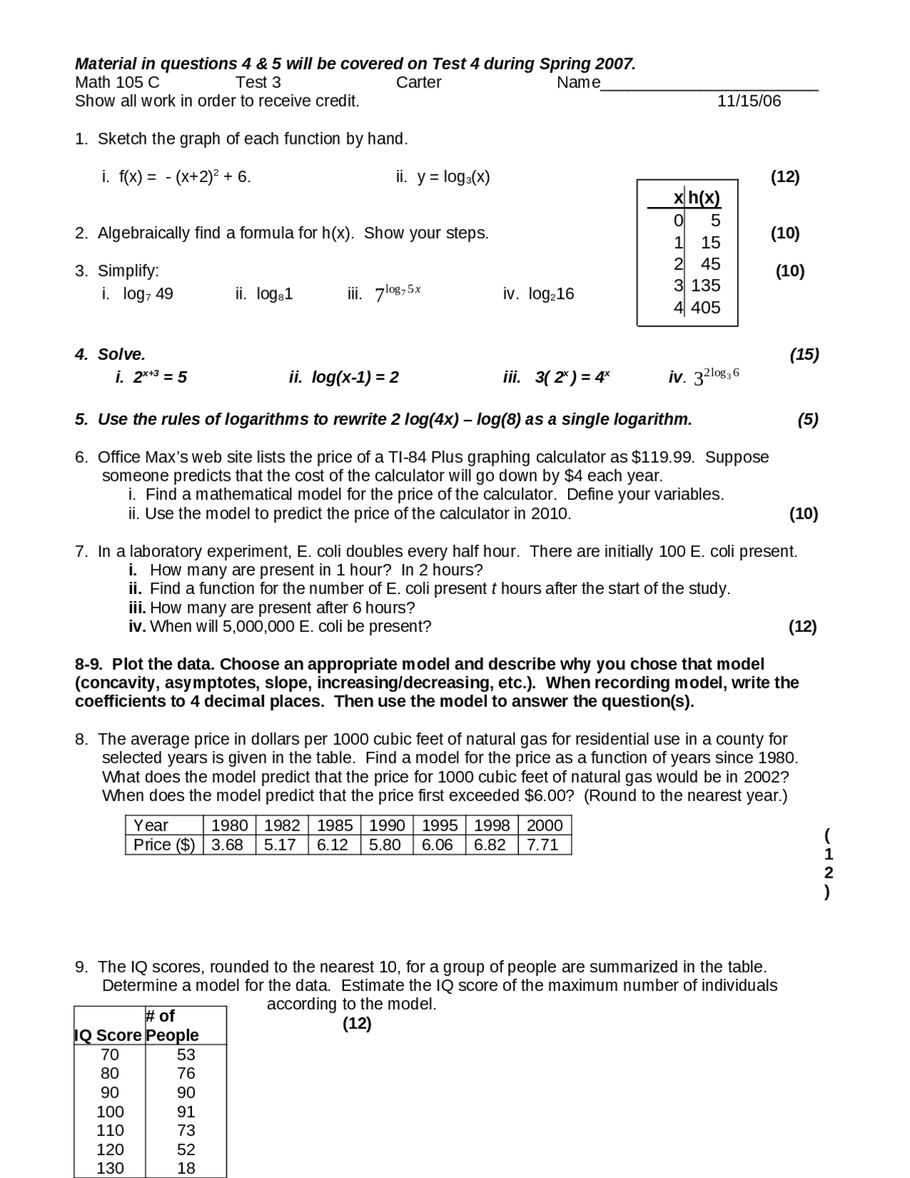 Finite Math Test Question Example 9 Questions for Exam 4 - Finite Mathematics | MATH 105 - Docsity