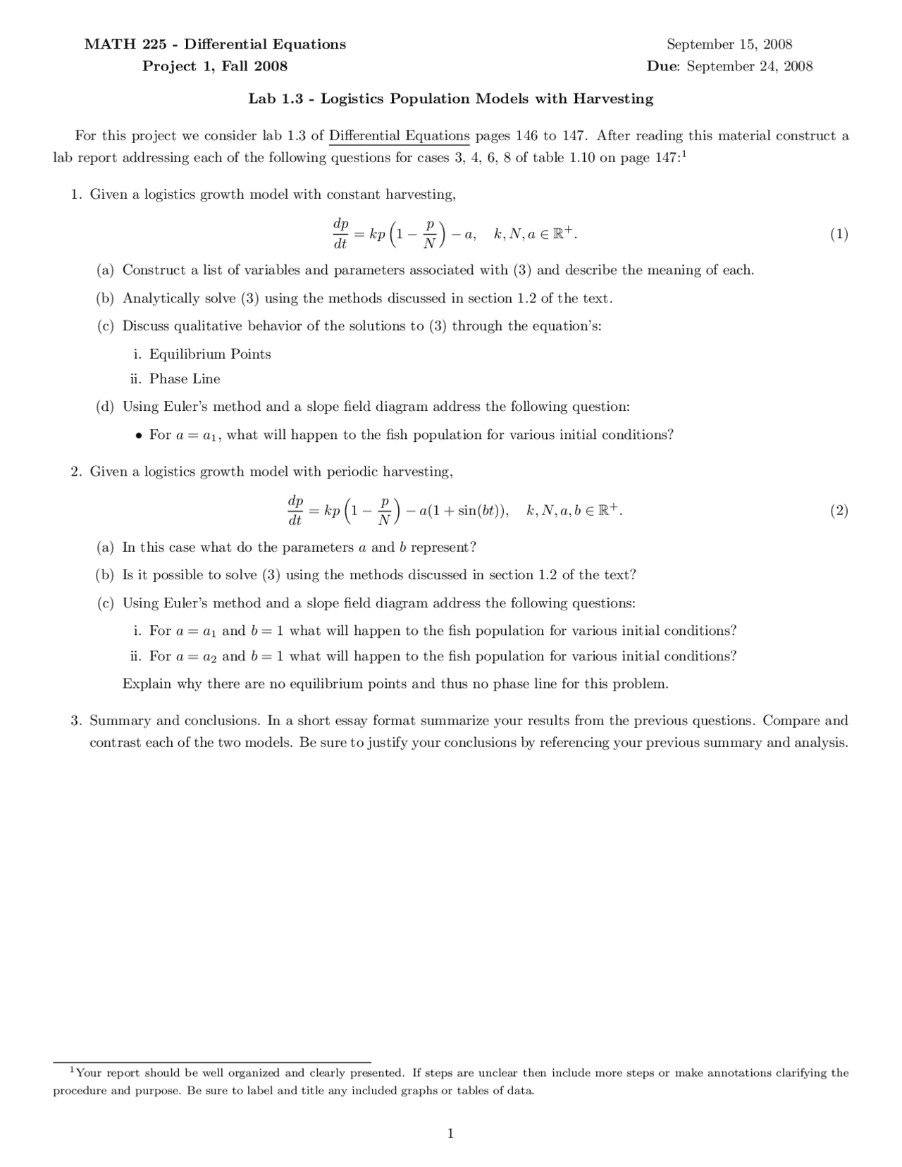 Lab 1 - Logistics Population Models with Harvesting | MATH 225 - Docsity