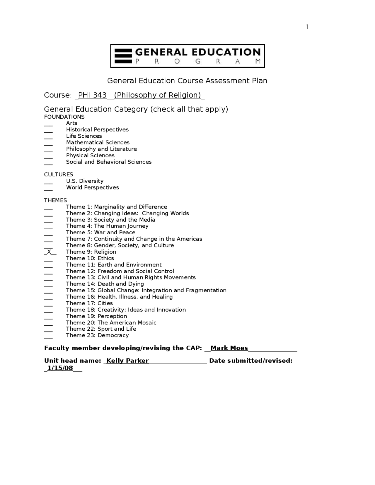 General Education Course Assessment Plan | PHI 343 - Docsity