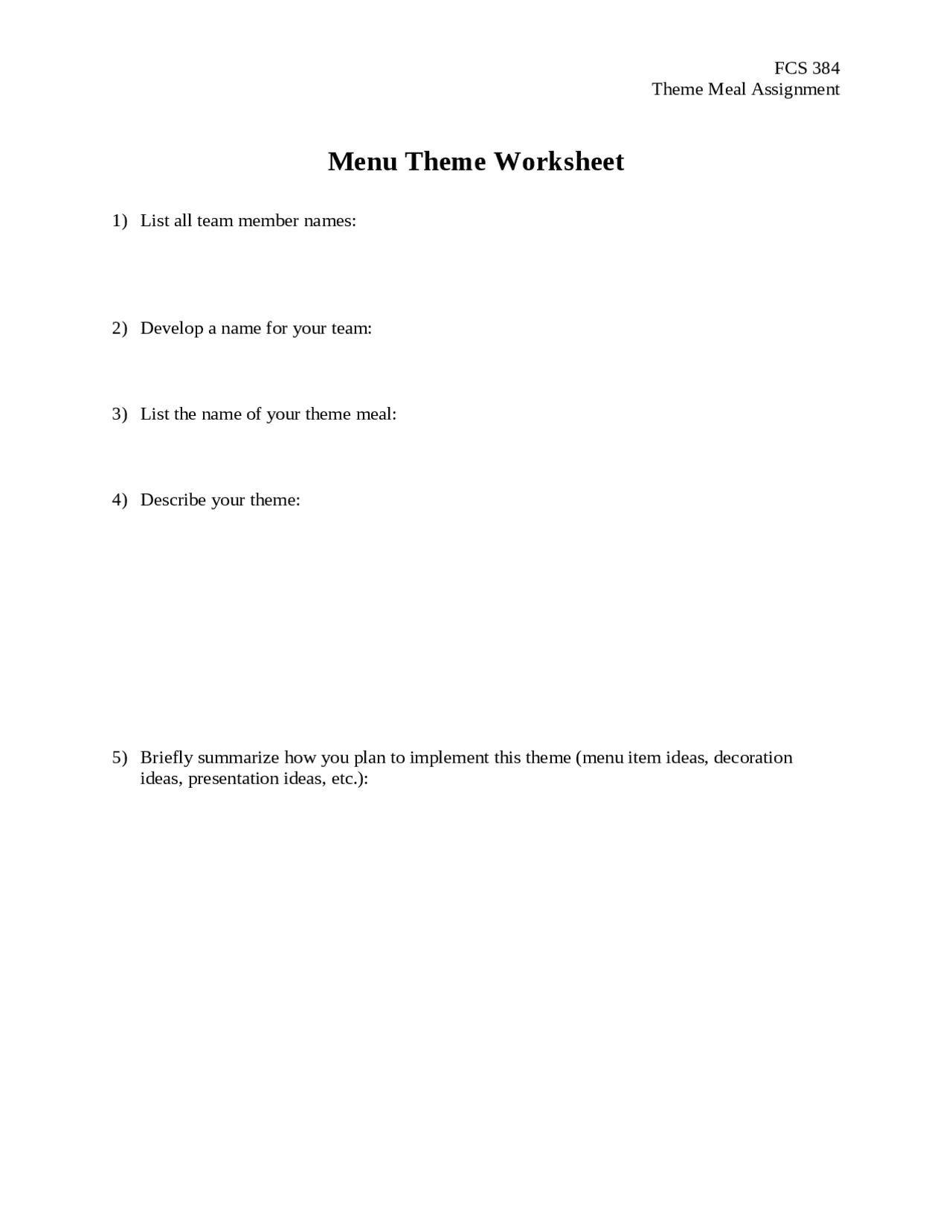 Menu Theme Worksheet - Quantity Food Production and Equipment | FCS 384 ...