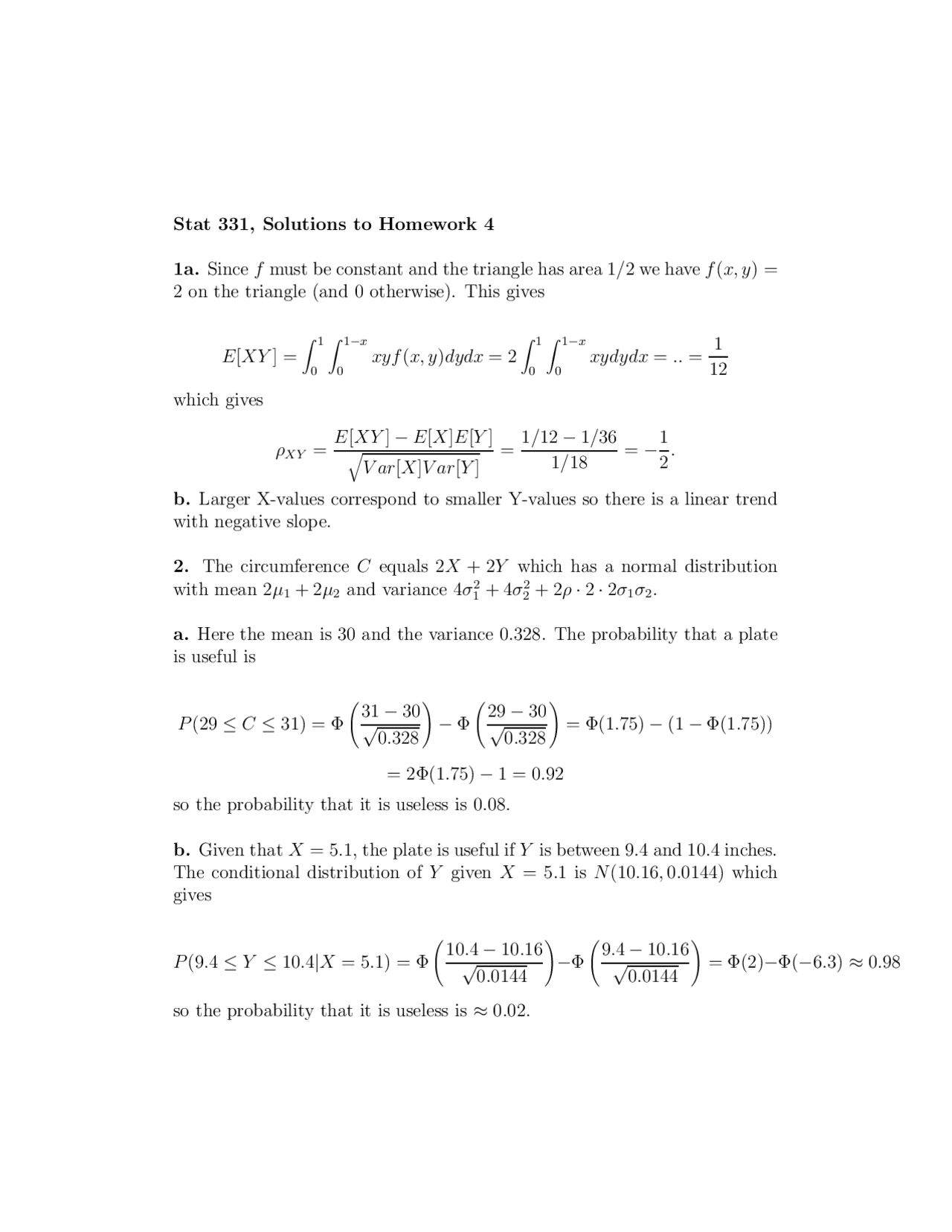 Applied Probability - Solutions to Homework 4 | STAT 331 | Assignments ...