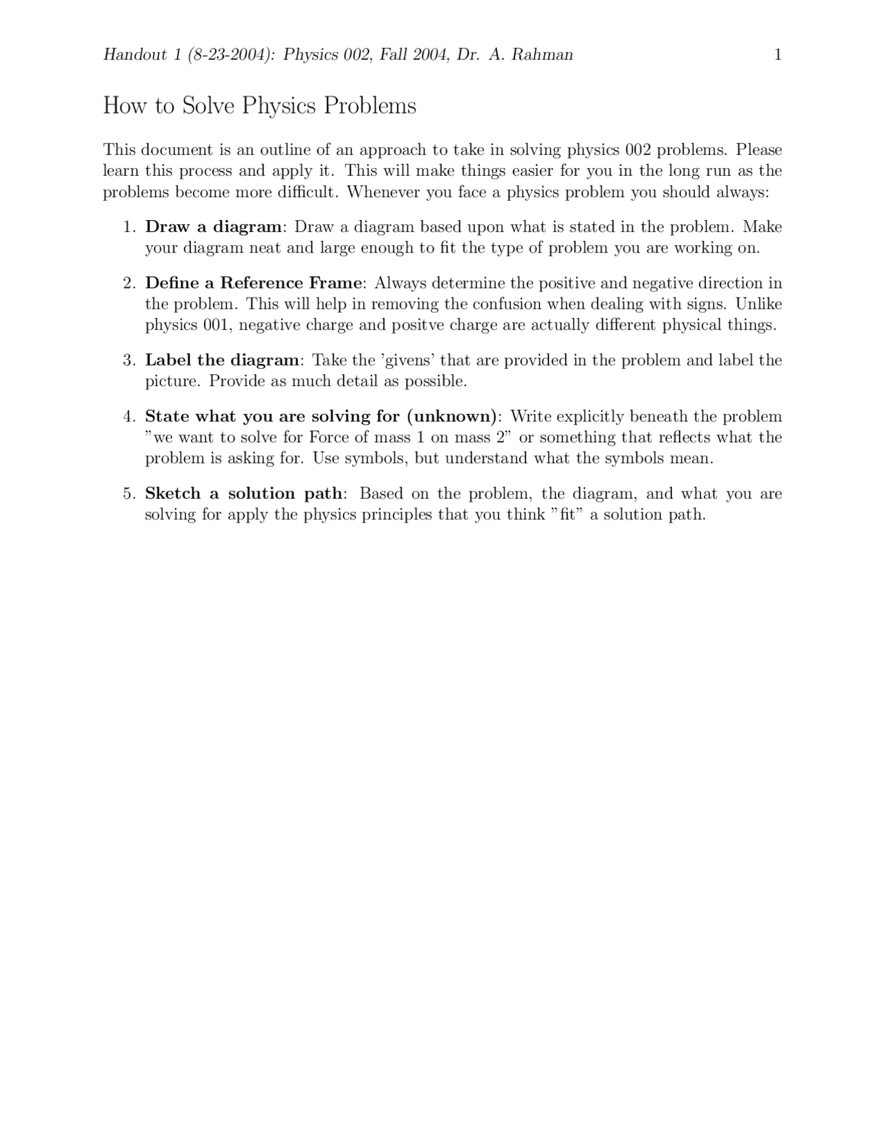 How to Solve Physics Problems - Handout | PHYS 002 - Docsity