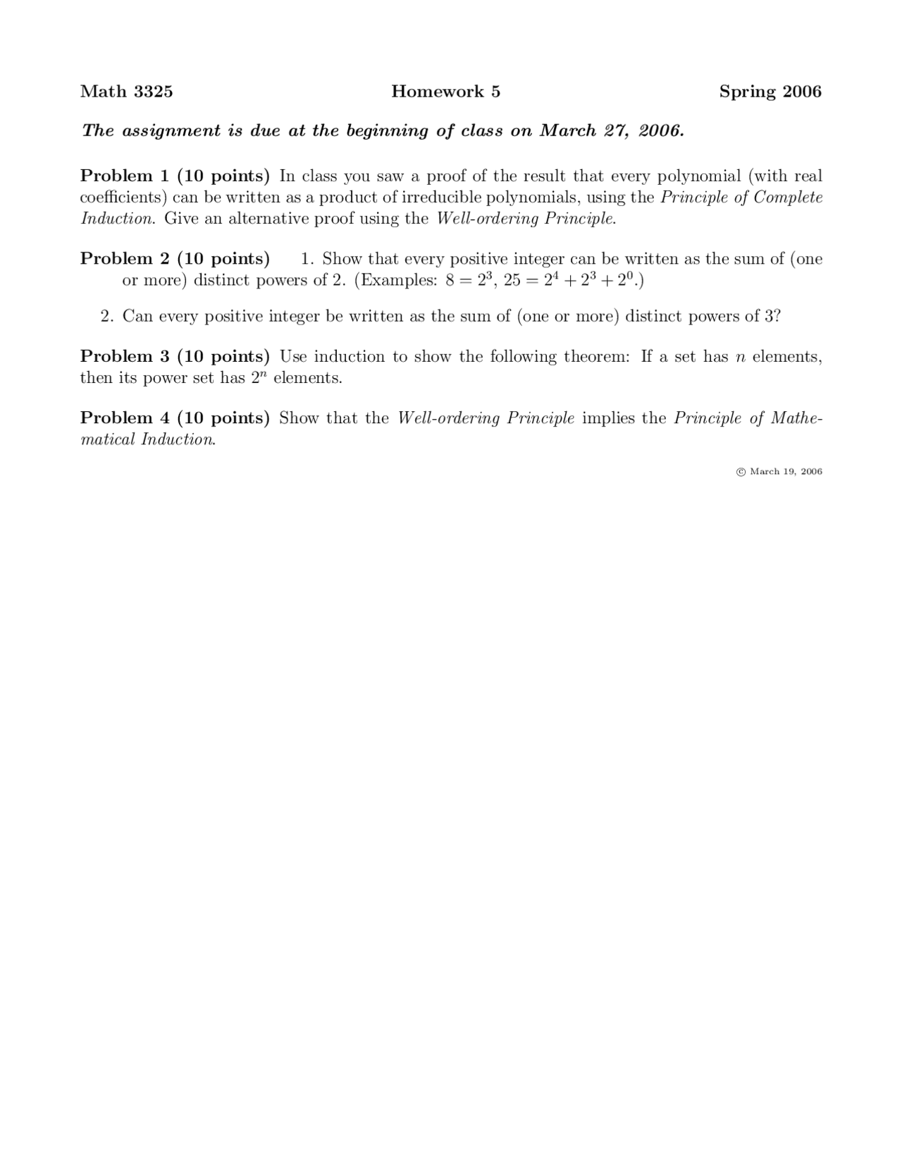 Homework 5 - Principles of Mathematics - Spring 2006 | MATH 3325 - Docsity