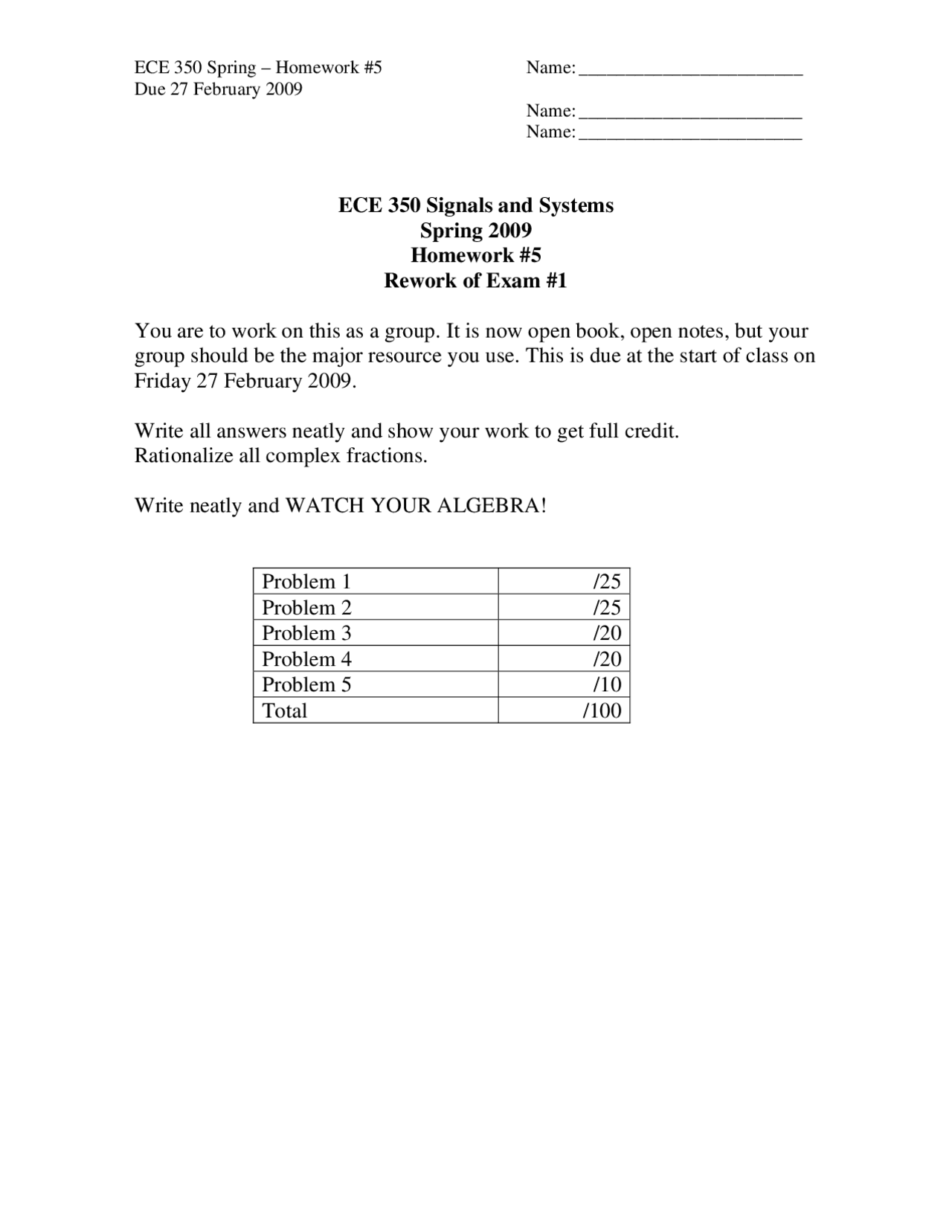 Homework 5 Problems for Signals and Systems | ECE 350 - Docsity