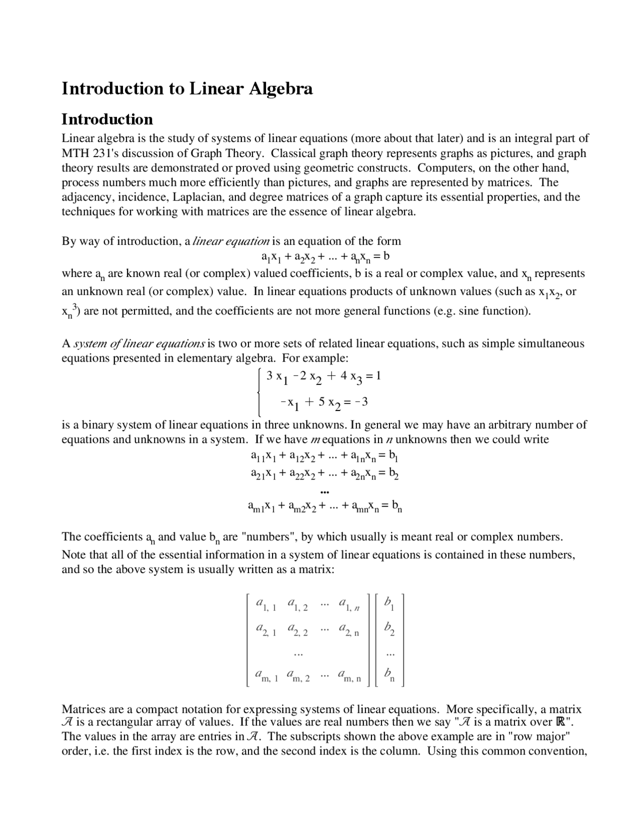 Introduction to Linear Algebra - Lecture Notes | MTH 231 - Docsity