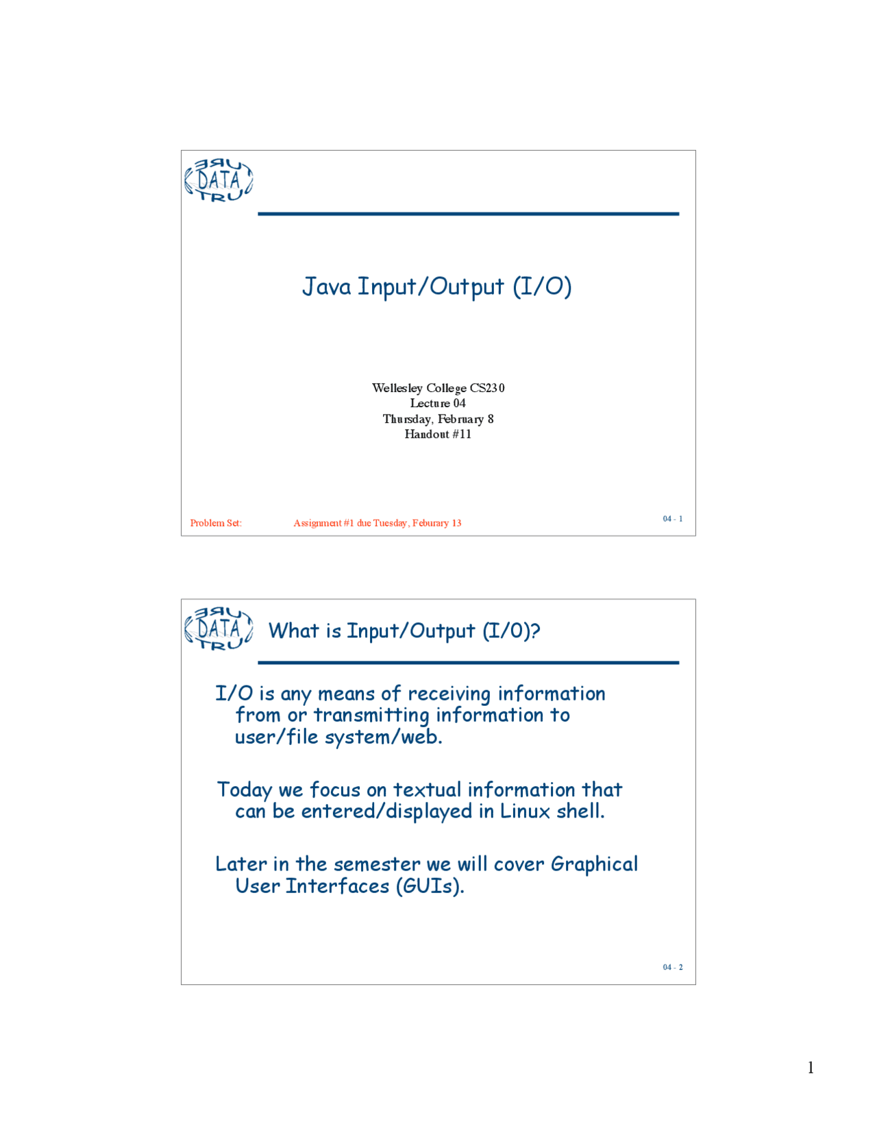 Lecture Slides on Java Input and Output | CS 230 - Docsity