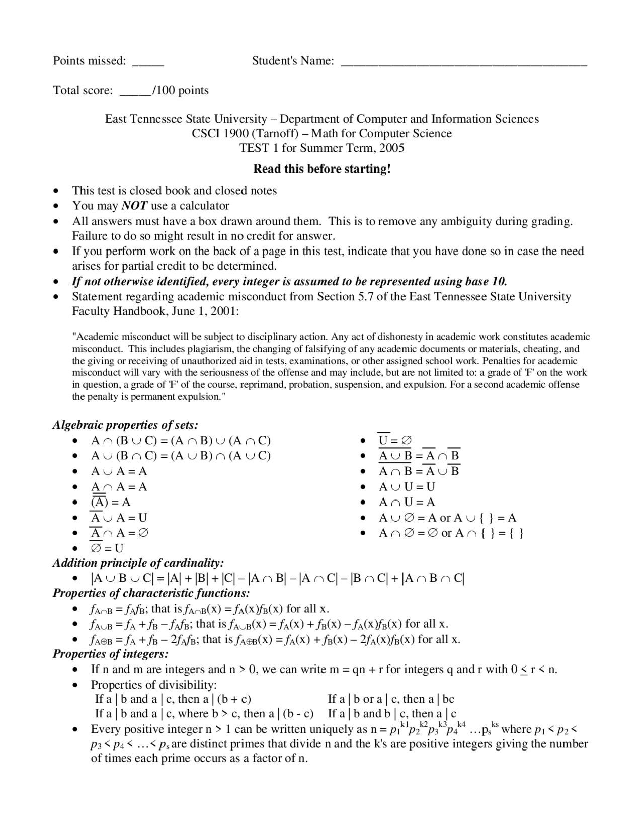 Sample Problems for Mathematics for Computer Science - Old Test 1 ...