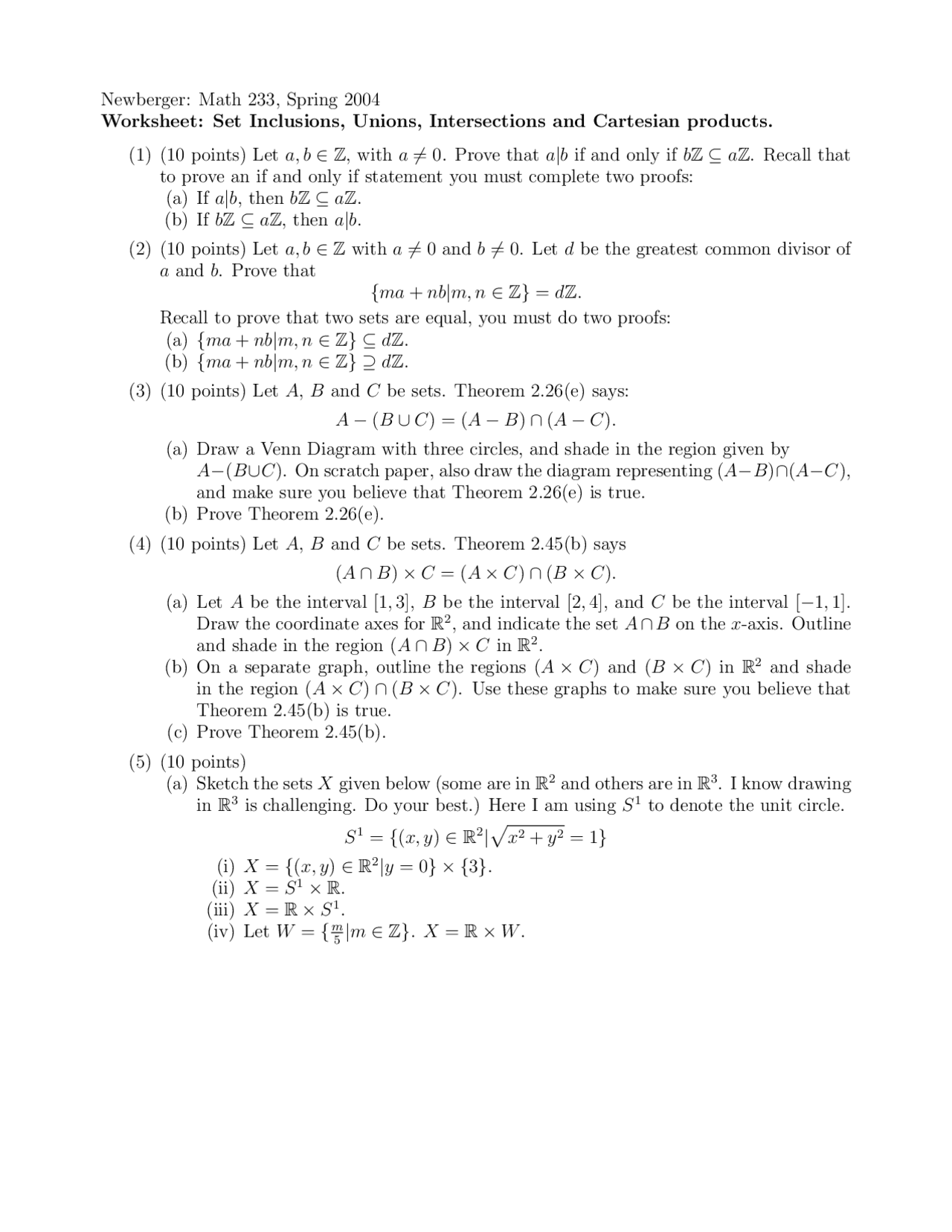 Worksheet for Set Inclusions, Unions, Intersections and Cartesian ...
