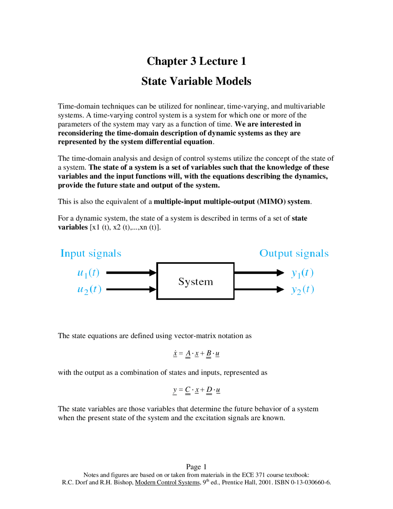 Lecture Notes on State Variables Models | ECE 4700 - Docsity